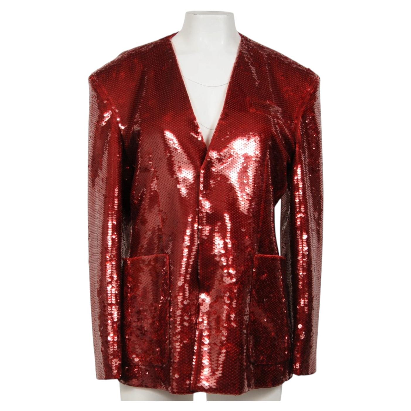 Giacca Gucci interamente ricoperta di paillettes, taglia IT 46, Small, slim fit, blazer rosso in viscosa e seta