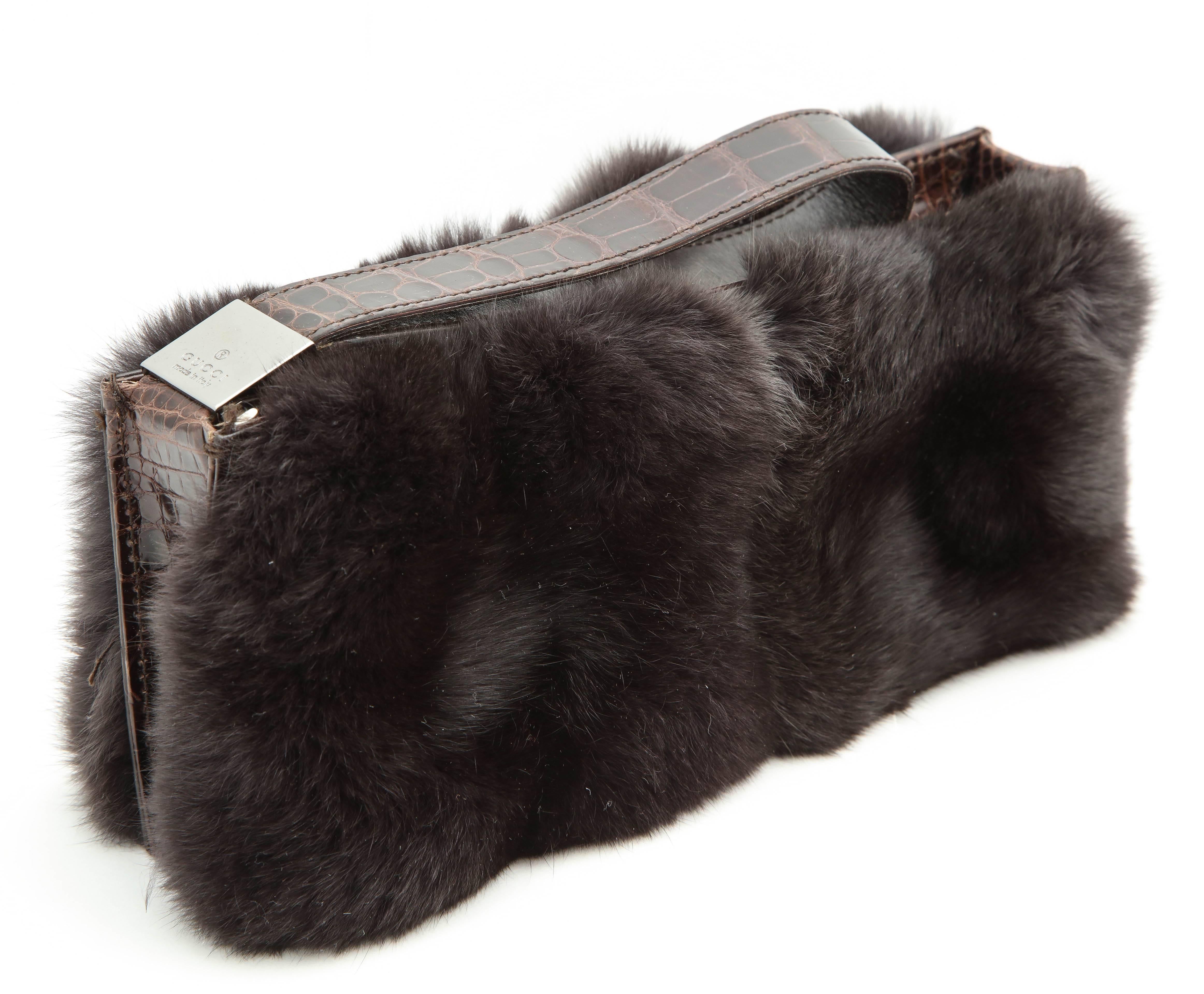 Black Gucci Fur and Crocodile Clutch Bag For Sale