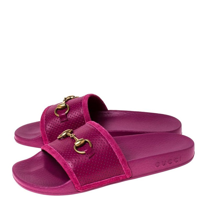 pink gucci fur slides