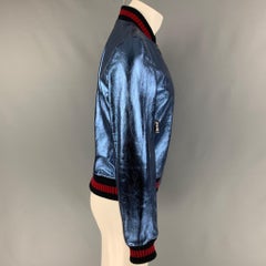 GUCCI FW 2017 Size 36 Blue Metallic Stripe Lamb Leather Bomber Jacket