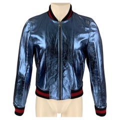 GUCCI FW 2017 Size 36 Blue Metallic Stripe Lamb Leather Bomber Jacket