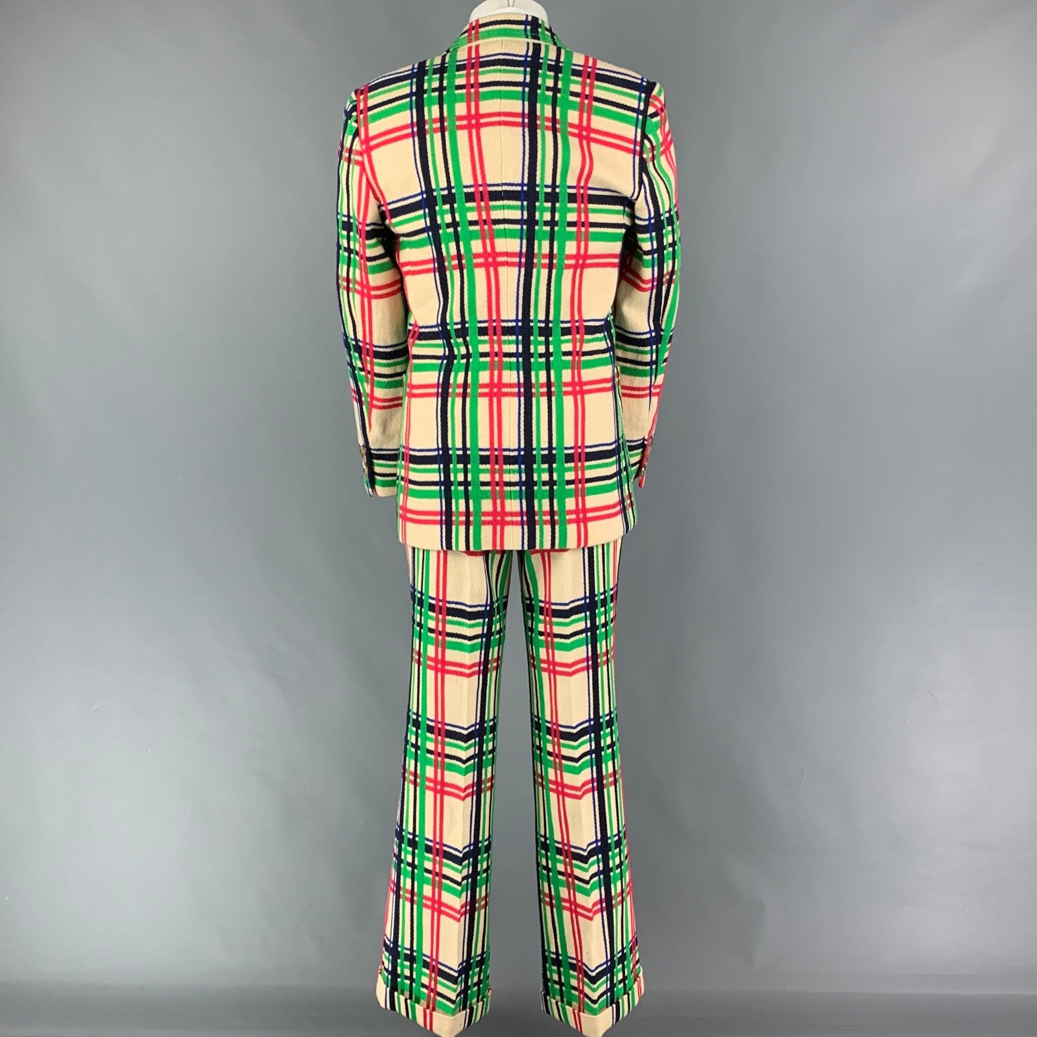 GUCCI FW 21 Size 36 Cream Multi Color Plaid Wool Cotton Notch Lapel Suit In Good Condition In San Francisco, CA