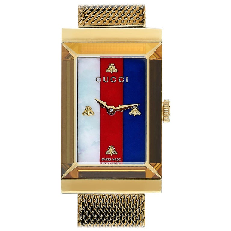 Gucci G-Frame Mother of Pearl Dial Yellow Gold Mesh Bracelet Watch For Women - YA147410