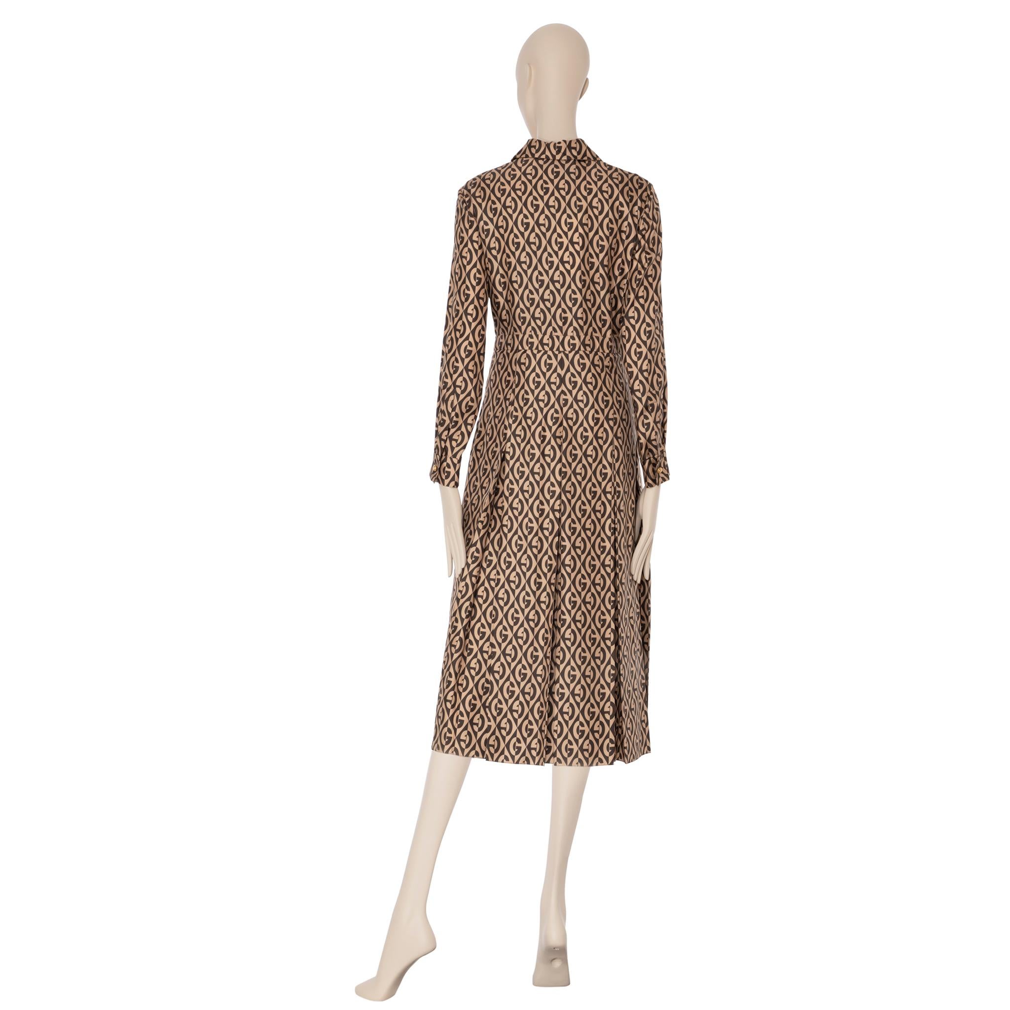 Gucci G Rhombus Kleid aus Seide mit braunem und elfenbeinfarbenem Druck 40 IT im Angebot 5