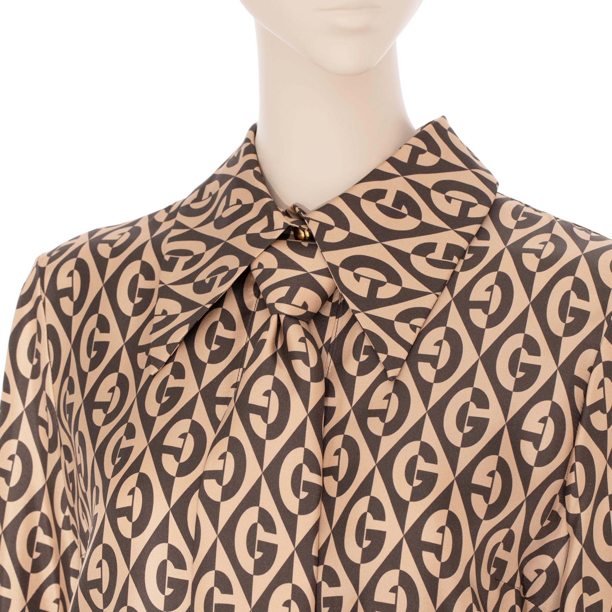Gucci G Rhombus Kleid aus Seide mit braunem und elfenbeinfarbenem Druck 40 IT im Angebot 1