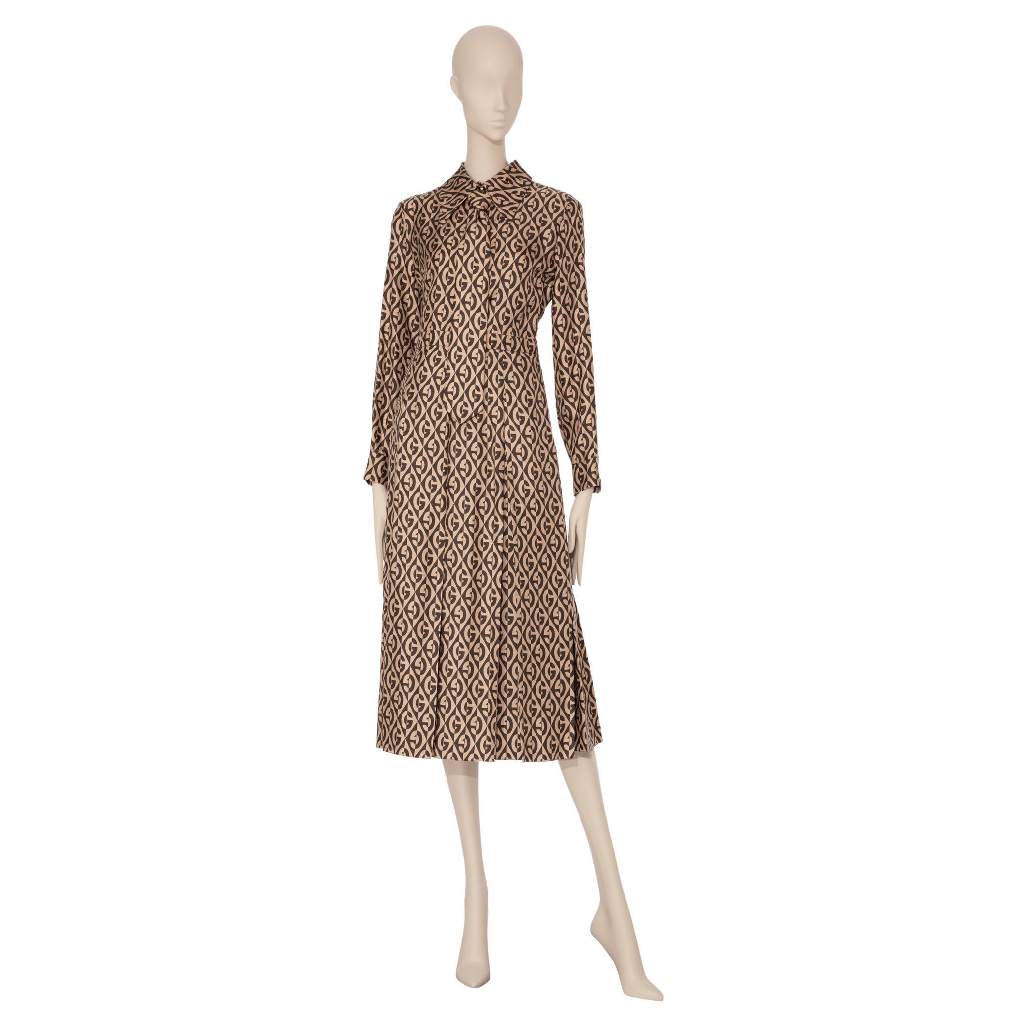 Gucci G Rhombus Kleid aus Seide mit braunem und elfenbeinfarbenem Druck 40 IT im Angebot
