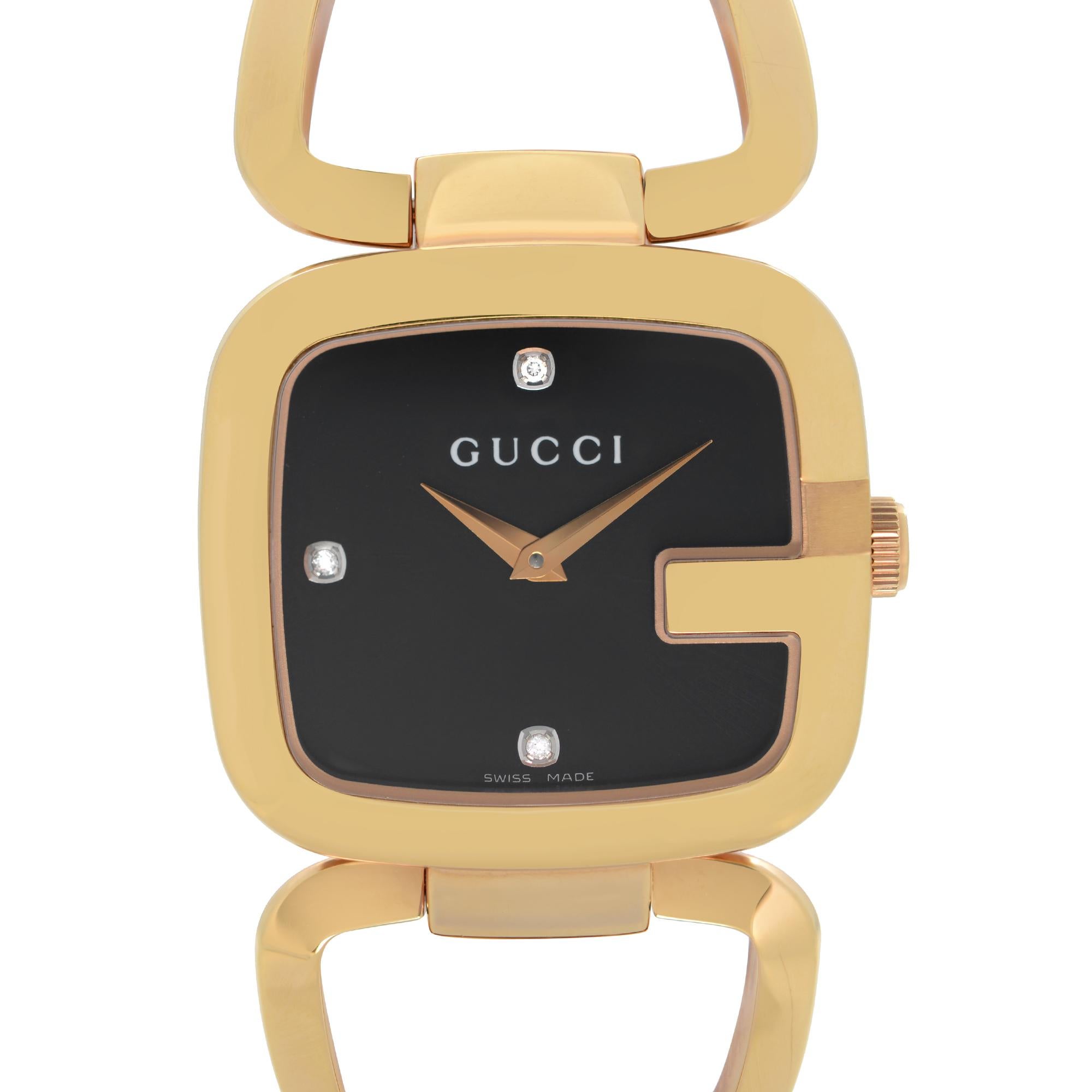 Pre-Owned Gucci G Black Diamond Dial Ladies Quartz Watch YA125409. Timepiece Has Minor Scratches. This Beautiful Timepiece Features: Rose Gold-Tone Stainless Steel Case and Bracelet. Black Dial with Rose Gold-Tone & Diamond Hour Markers. No Original