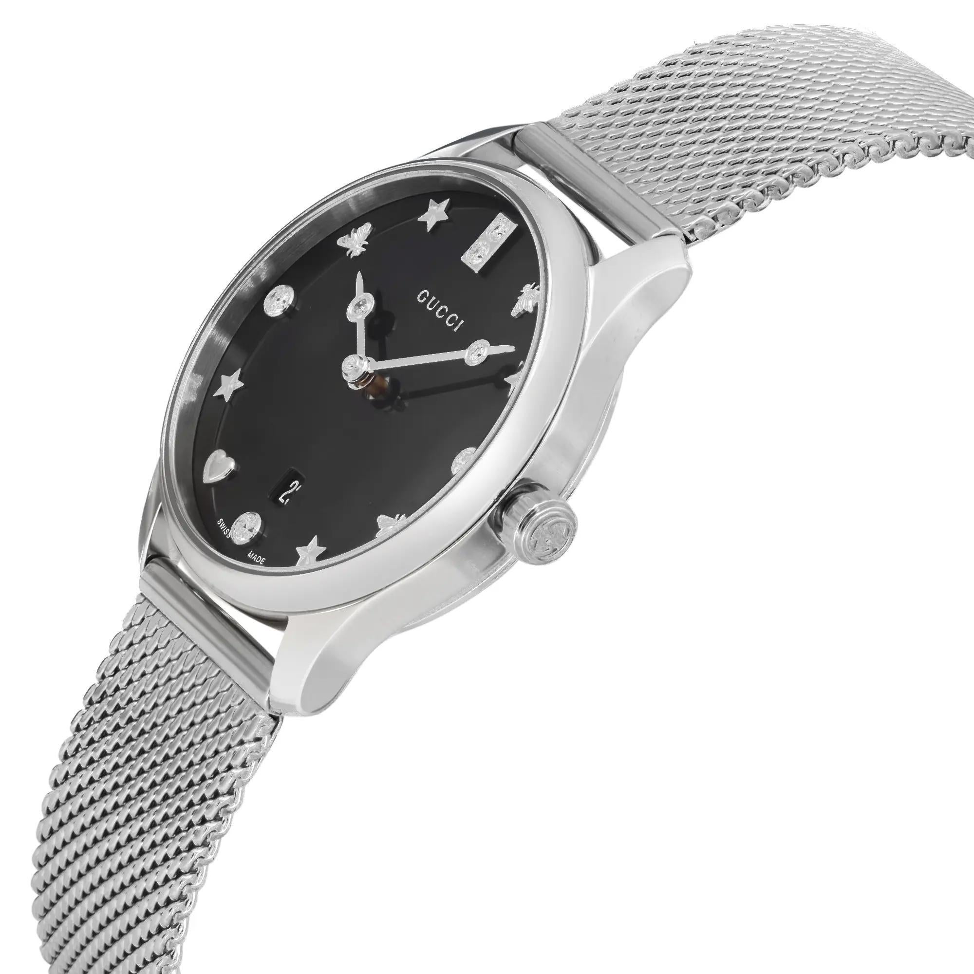 Gucci G-Timeless 29 Diamond Black Mother of Pearl Ladies Quartz Watch YA1265001 In New Condition For Sale In New York, NY