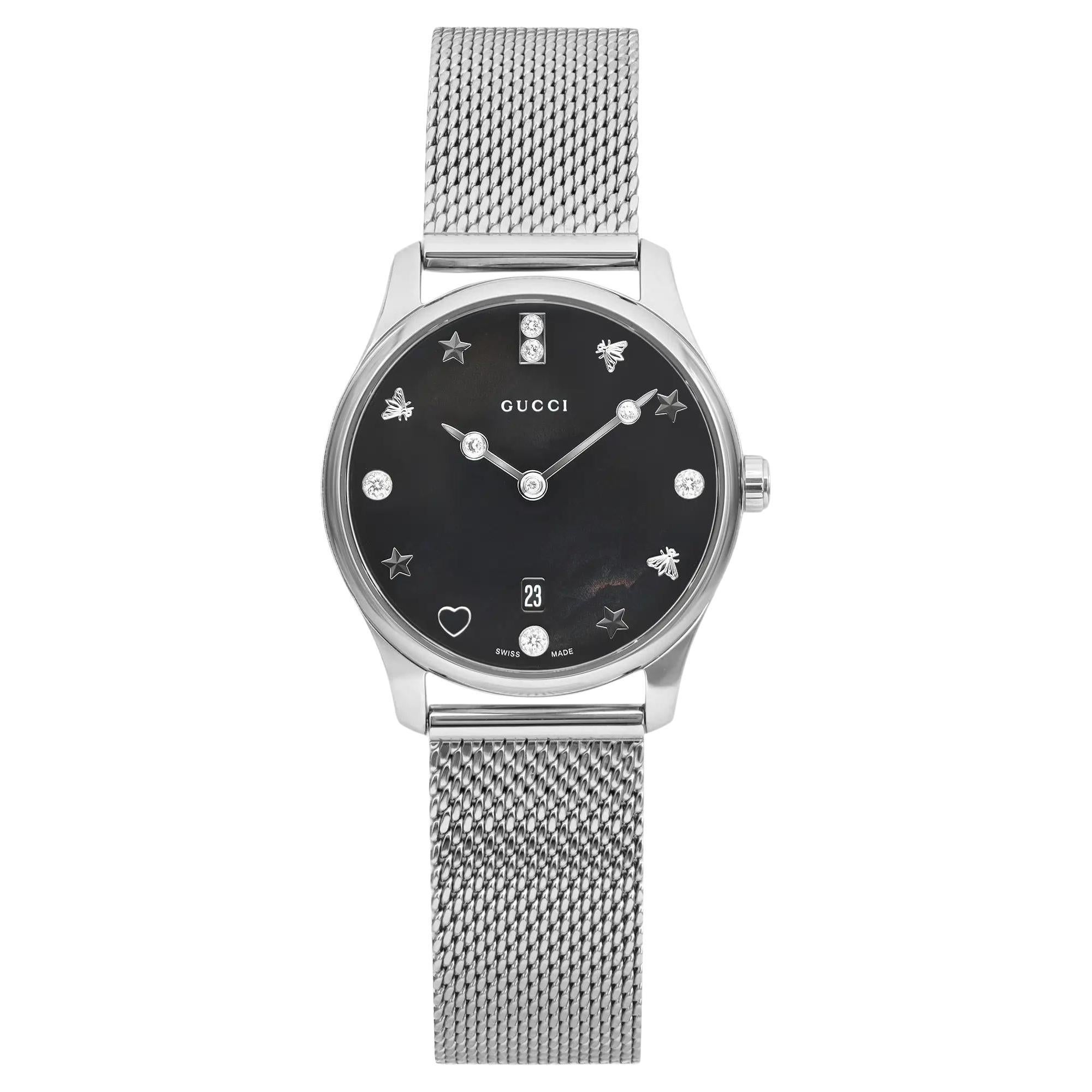 Gucci G-Timeless 29 Diamond Black Mother of Pearl Ladies Quartz Watch YA1265001 For Sale
