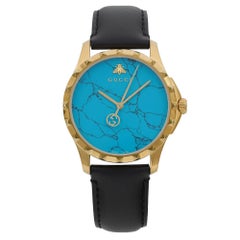Gucci G-Timeless 38mm Gold Tone Turquoise Blue Dial Men Quartz Watch YA126462