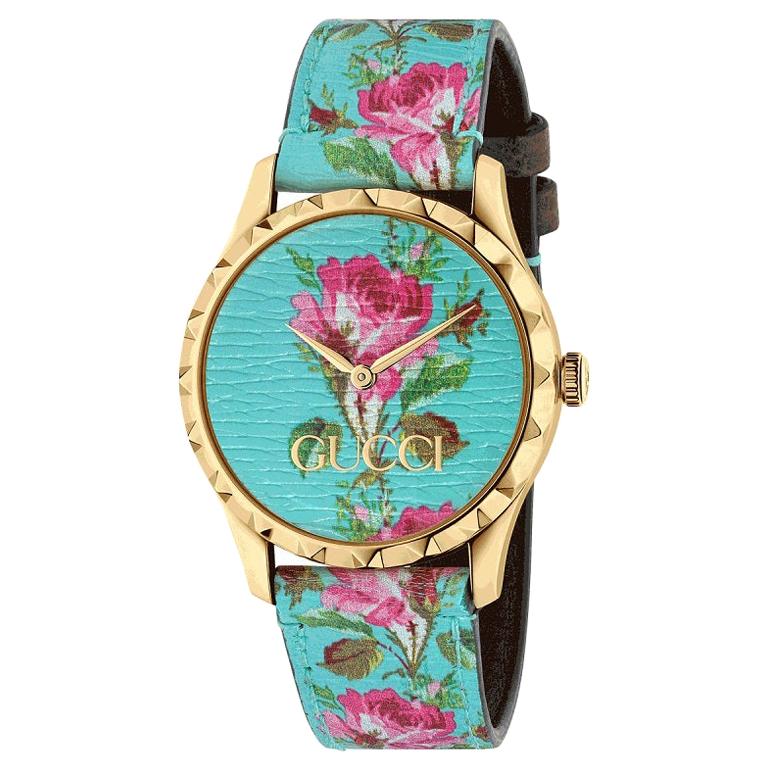 Gucci G-Timeless Aqua Floral Print Dial Ladies Leather Watch YA1264085