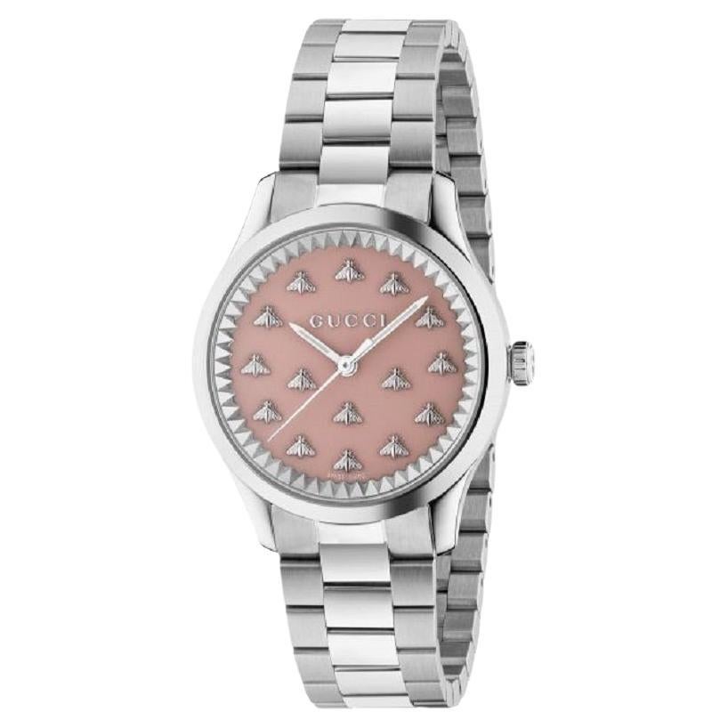 Gucci G-Timeless Bienenmotiv rosa Zifferblatt und Edelstahl Uhr YA1265033 im Angebot
