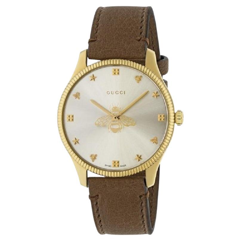Gucci G-Timeless Bee Silver-Tone Dial Brown Leather Strap Watch YA1264199 For Sale