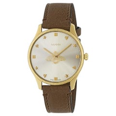 Gucci G-Timeless Bee Montre à bracelet en cuir marron avec cadran argenté YA1264199