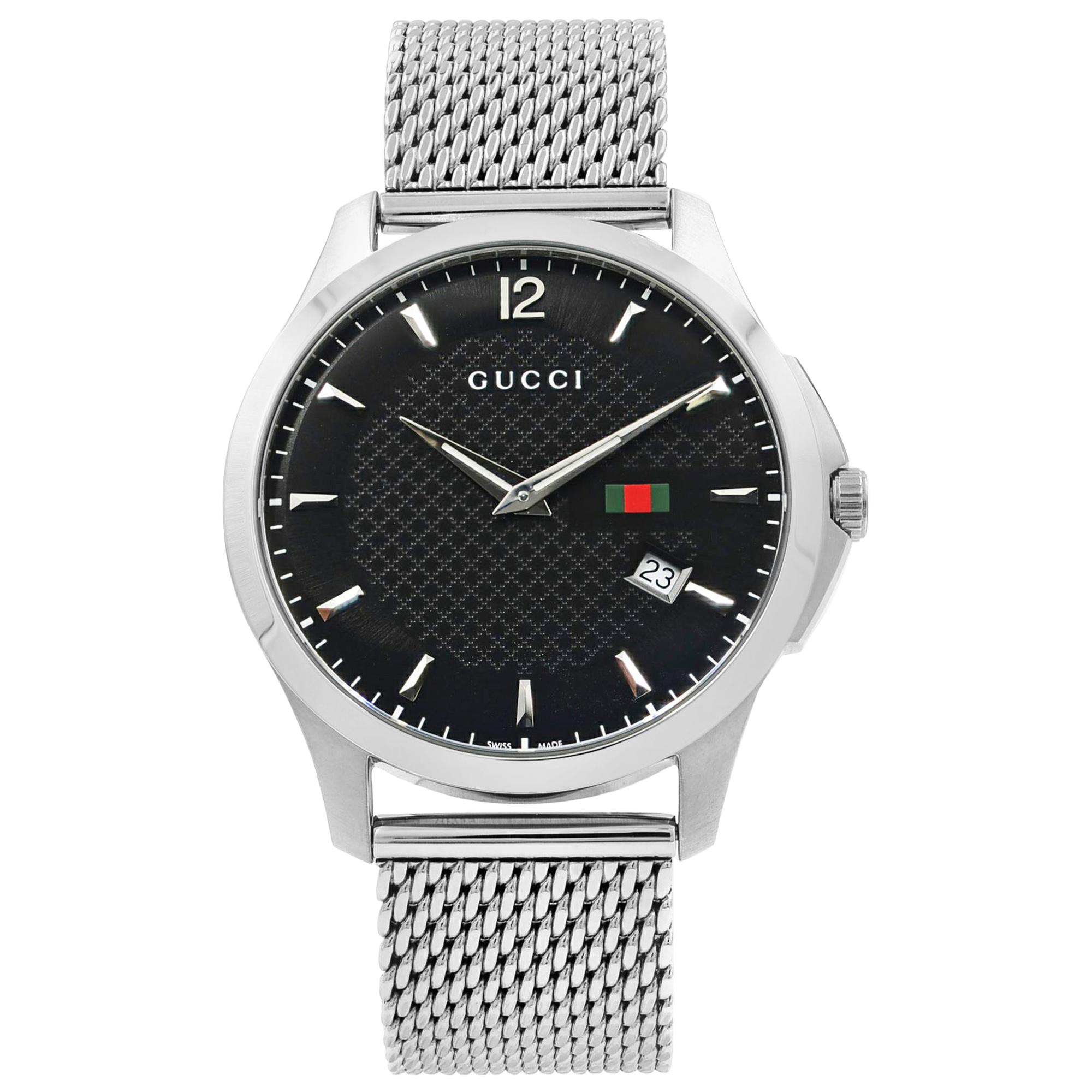 Gucci G-Timeless Black Checkered Dial Steel Mesh Band Quartz Mens Watch YA126308