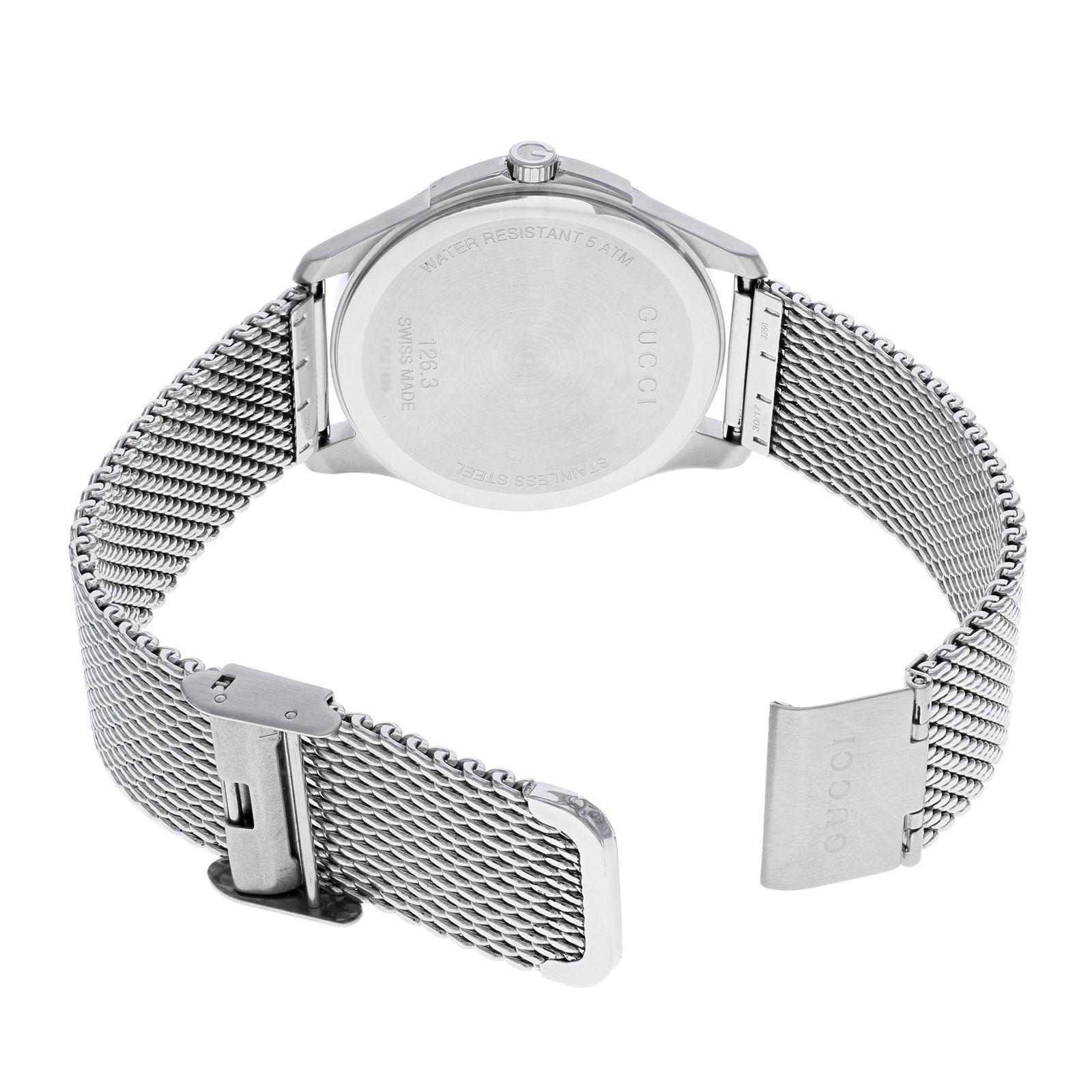 Gucci G-Timeless Black Dial Stainless Steel Mesh Band Quartz Mens Watch YA126308 In Excellent Condition In New York, NY