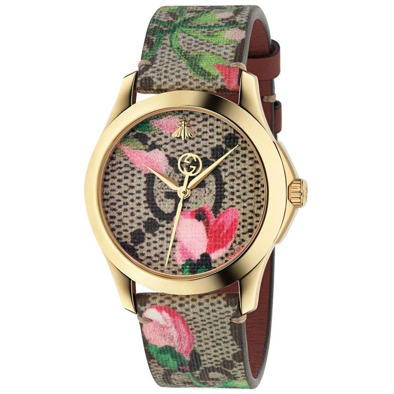 Gucci G-Timeless Gold-Plated Pink Blooms Leather Strap Watch YA1264038A