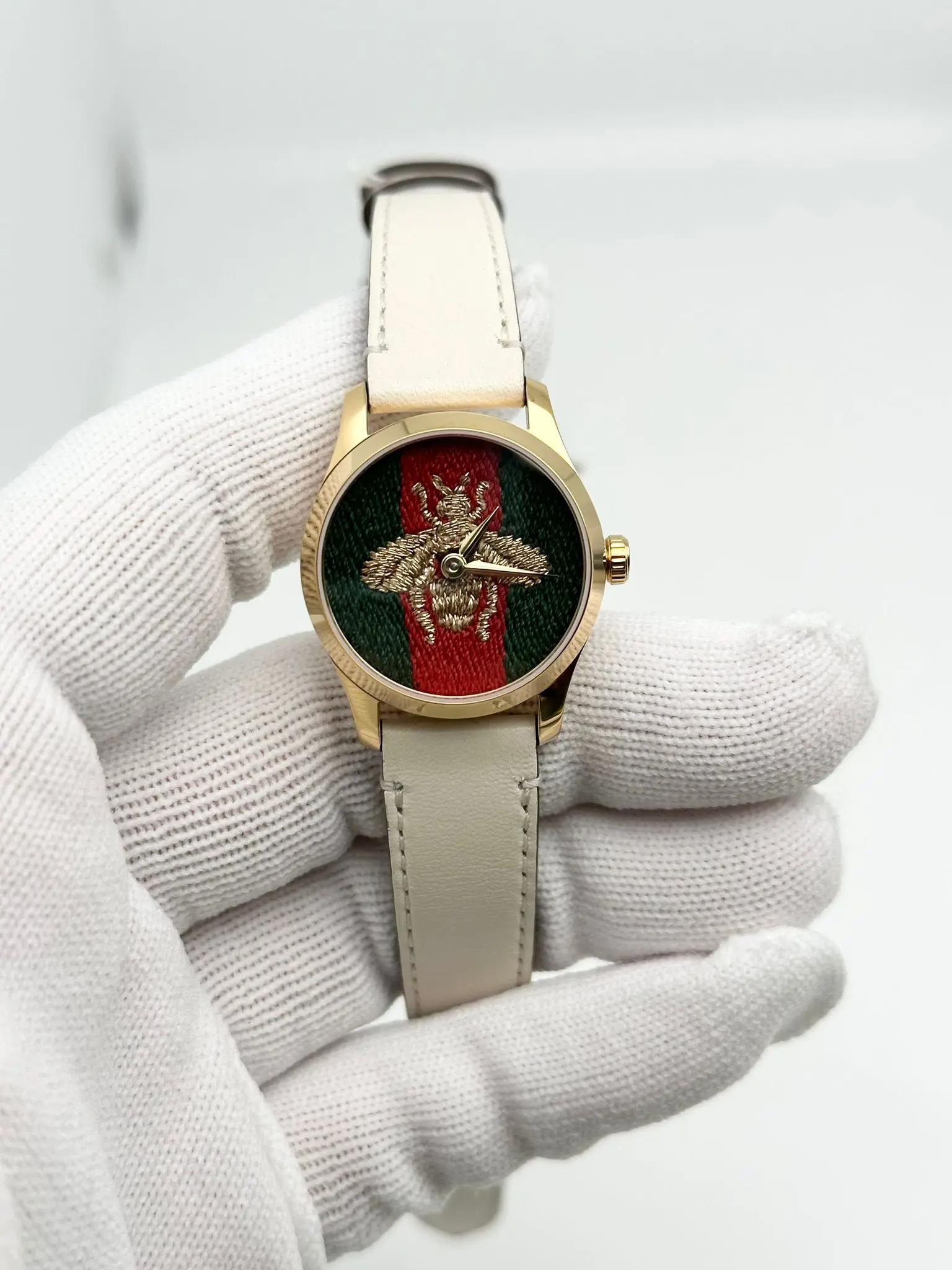 Gucci G-Timeless Green and Red Dial Gold Tone Quartz Ladies Watch YA1265009 In Excellent Condition For Sale In New York, NY
