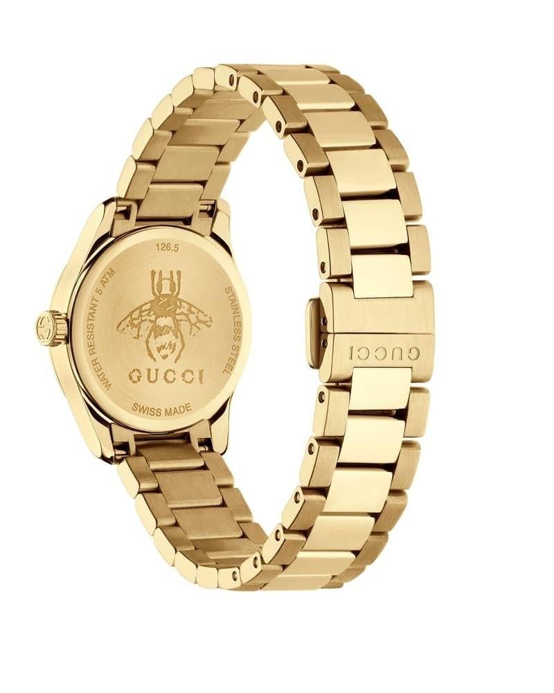 Gelbgold PVD Gehäuse 
Quarz-Uhrwerk
Silbernes Guilloch-Zifferblatt mit goldenen Hausmotivmarkern
PVD-Armband aus gebürstetem und poliertem Gelbgold
27mm Gehäuse
50m Wasserdicht
Datum Anzeige 
YA126576A
