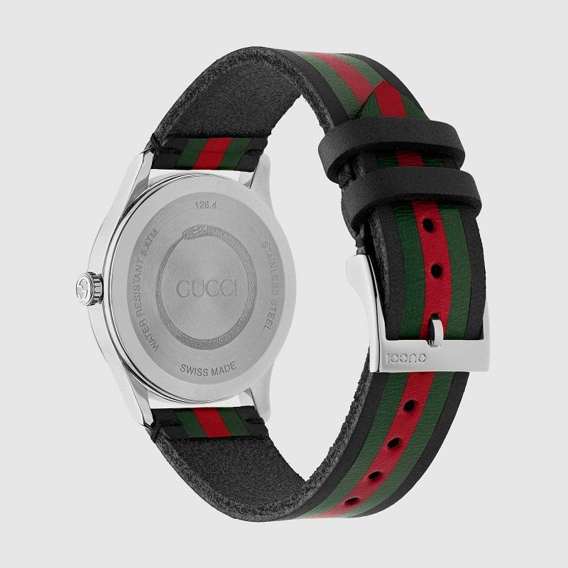 Steel case, black leather dial and strap with green and red web.
Ronda quartz movement
Case Size 38 mm
Crystal Scratch Resistant Sapphire
Water resistance: 5 ATM (160 feet/50 meters)
Wrist size adjustable from 175mm to 217mm
YA1264079