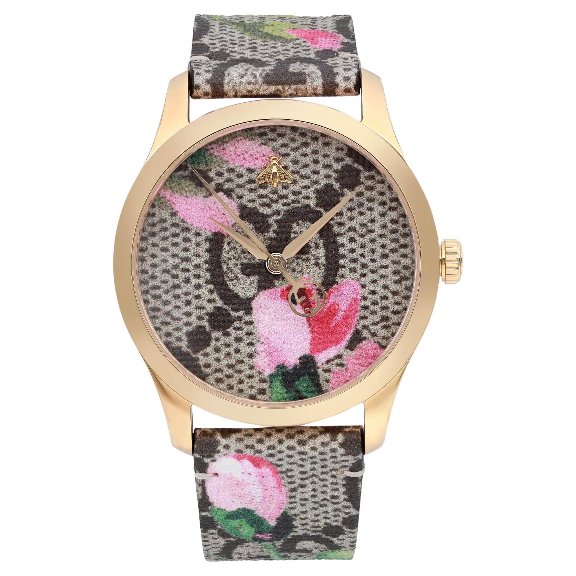 Gucci G-Timeless Pink Blooms Print Dial Steel Quartz Ladies Watch YA1264038