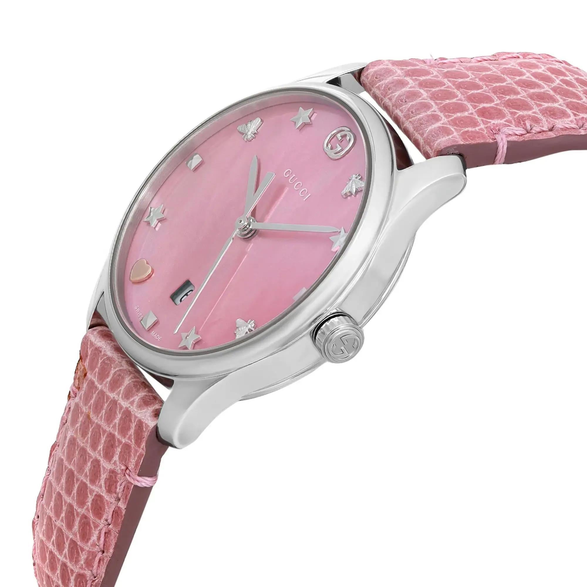 Gucci G-Timeless Pink Mother of Pearl Dial Steel Ladies Quartz Watch YA126586 In New Condition For Sale In New York, NY