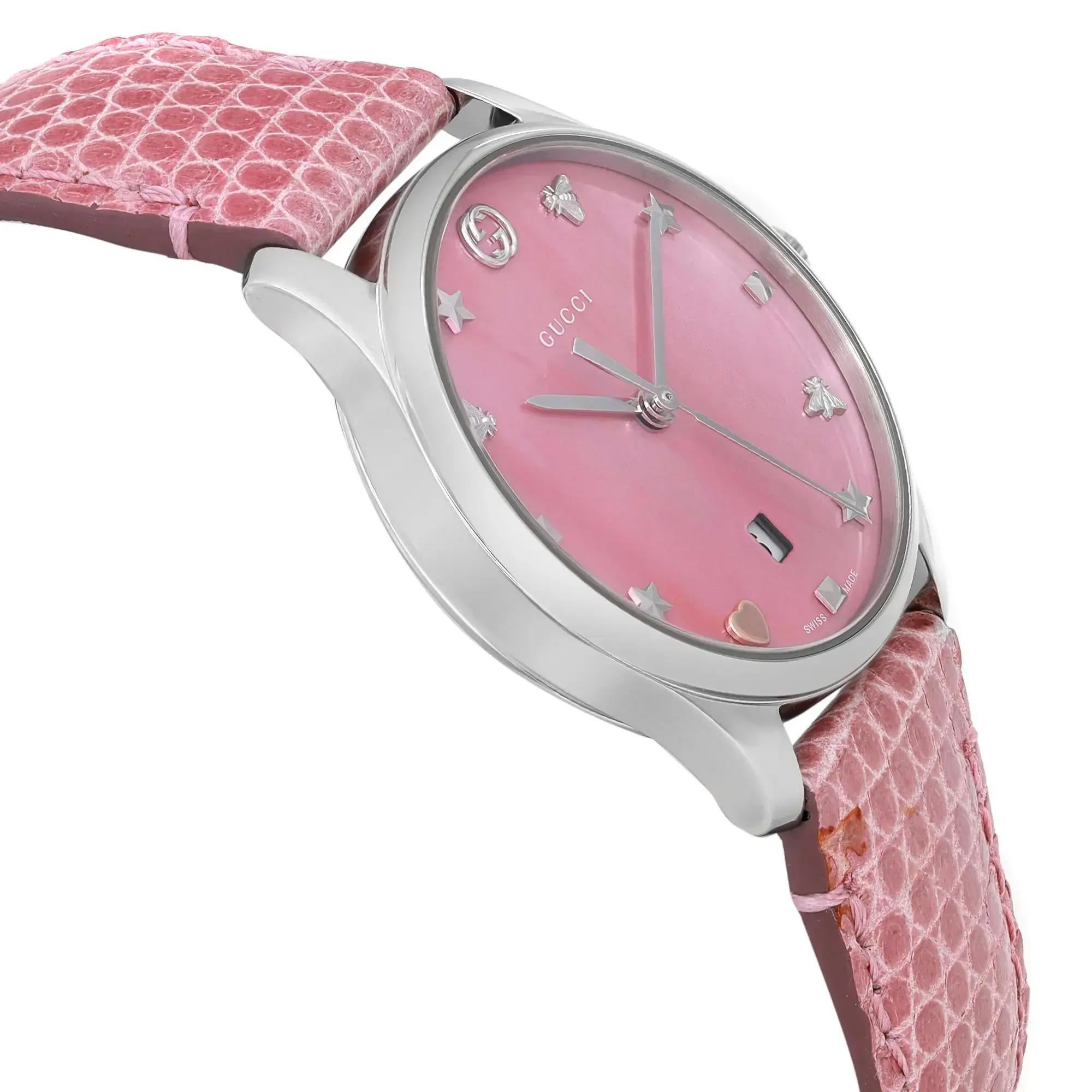 Women's Gucci G-Timeless Pink Mother of Pearl Dial Steel Ladies Quartz Watch YA126586 For Sale