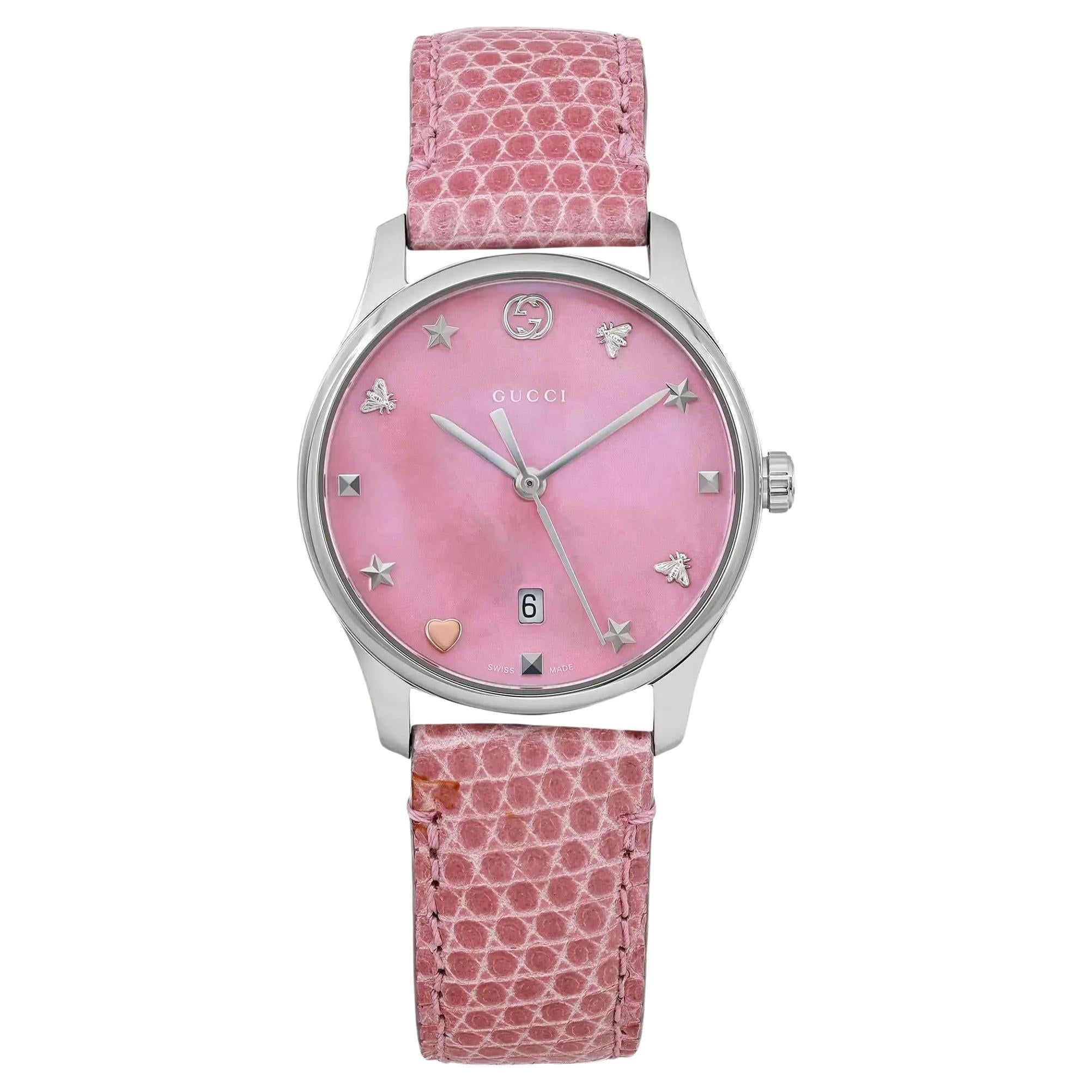 Gucci G-Timeless Pink Mother of Pearl Dial Steel Ladies Quartz Watch YA126586 For Sale