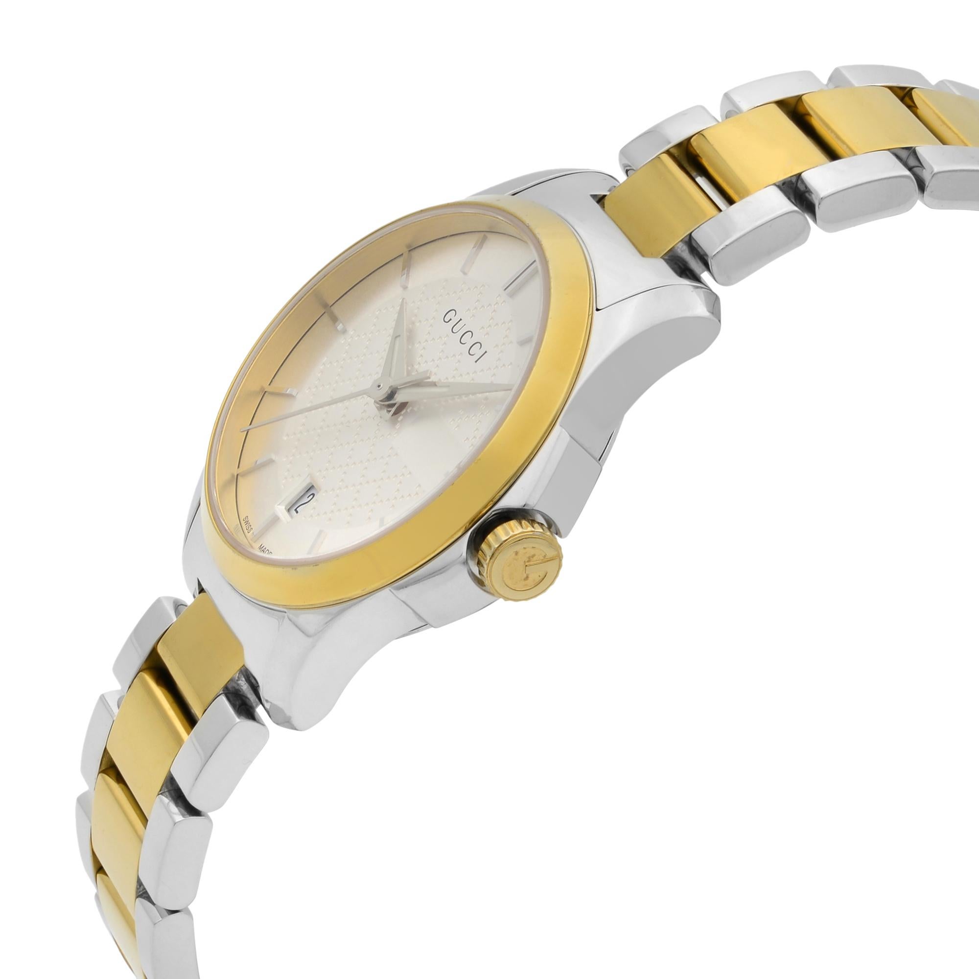 Gucci G-Timeless Stainless Steel Gold-Tone Silver Dial Ladies Watch YA126531 In Good Condition In New York, NY