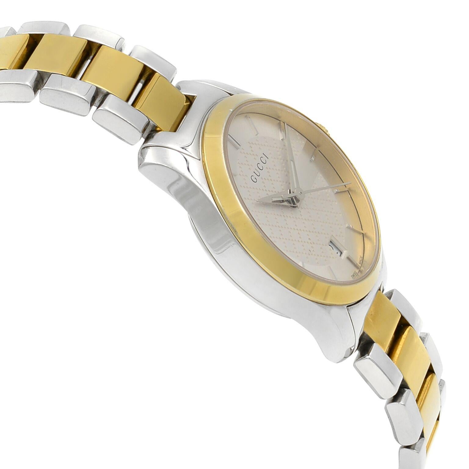 Gucci G-Timeless Two-Tone Silver Dial Steel Quartz Ladies Watch YA126531 In Fair Condition In New York, NY