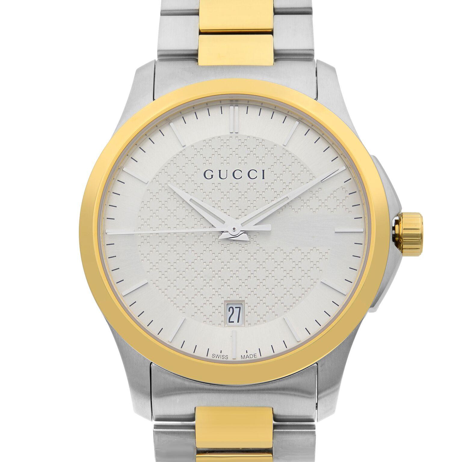 Pre-owned Gucci G-Timeless Two-Tone Stainless Steel Silver Dial Quartz Men's Watch YA126450. The Watch Has Tiny Scratches on Gold Tone Links. It Fits a 6.25-inch Wrist. This Beautiful Timepiece Features: Stainless Steel Case with a Stainless Steel