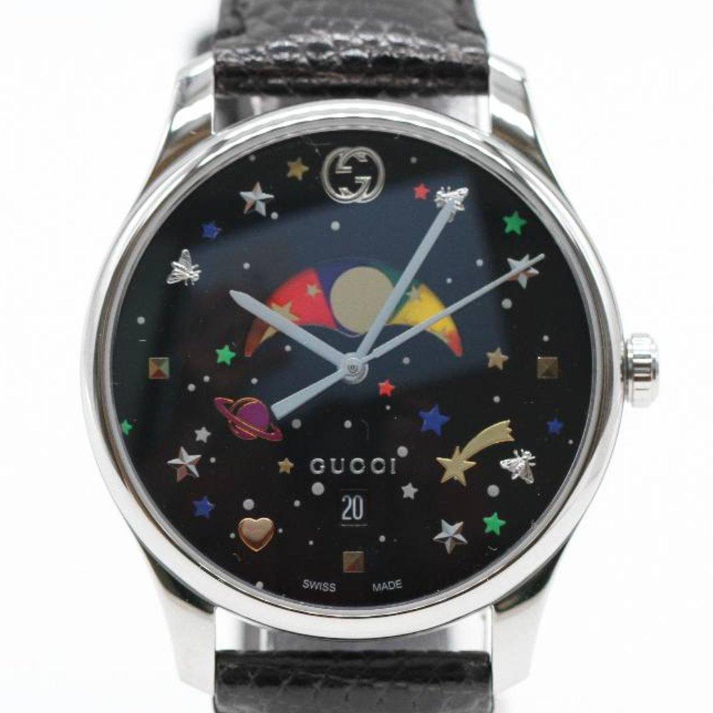 GUCCI G-TIMELESS Watch YA1264045 Brand New Watch. Stainless steel case 36mm excluding crown. Case thickness 7mm. Sapphire crystal. Black dial. Leather strap. Thickness 17mm. Buckle clasp. Quartz movement. Water resistant 5atm. Delivered with box.