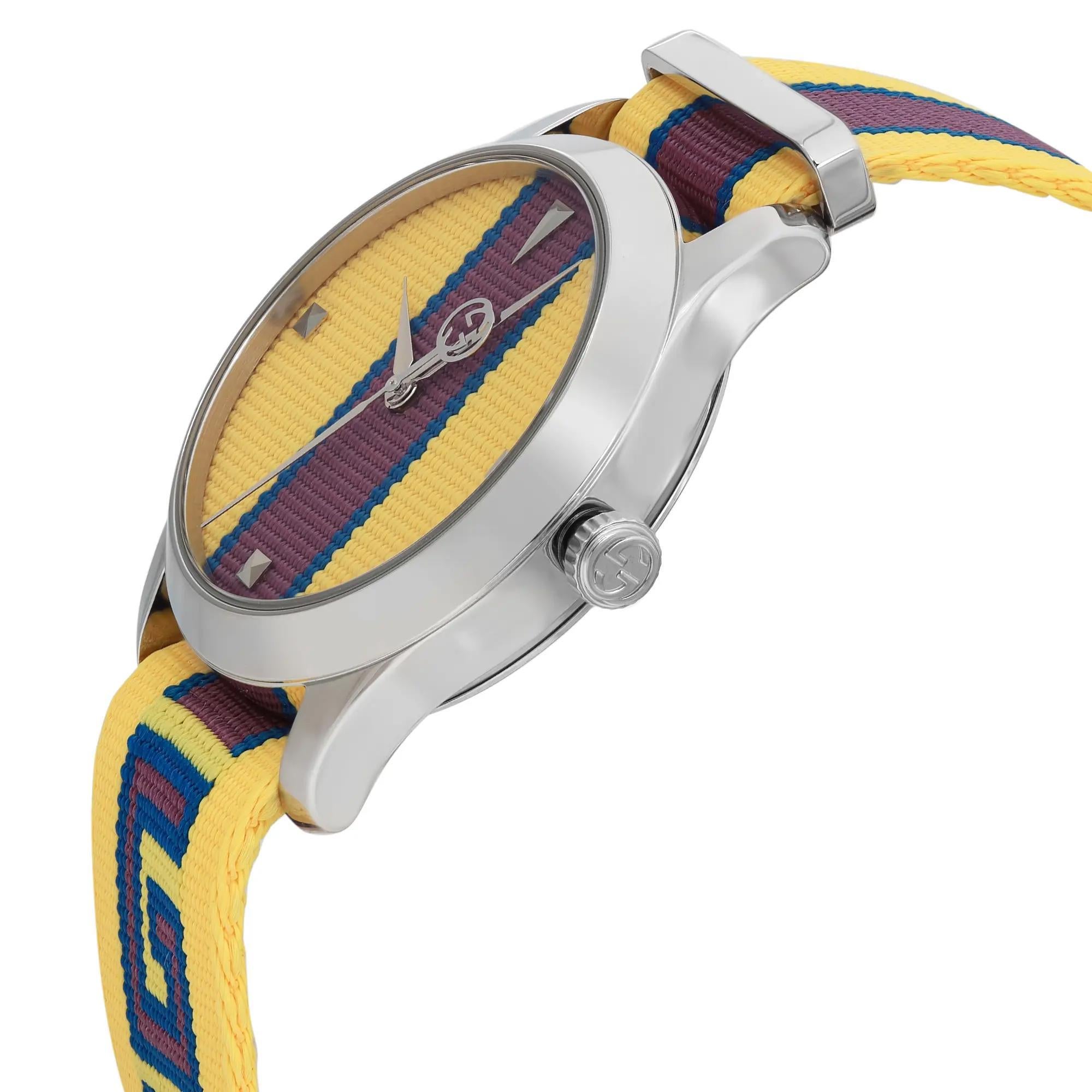 Gucci G-Timeless Yellow with Stipes Motif Dial Unisex Quartz Watch YA1264069 In New Condition For Sale In New York, NY
