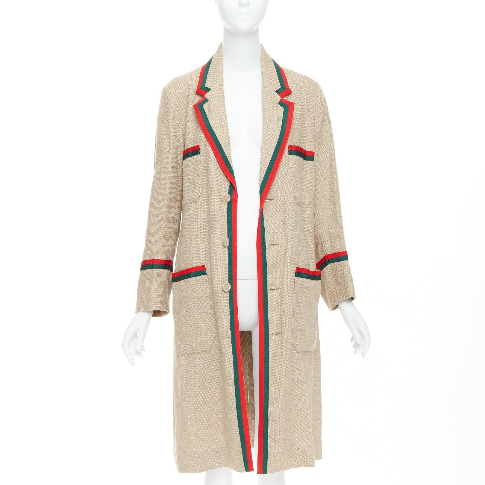 Beige Gucci Garden Alessandro Michele cappotto lungo beige verde rosso con bordi a rete in vendita