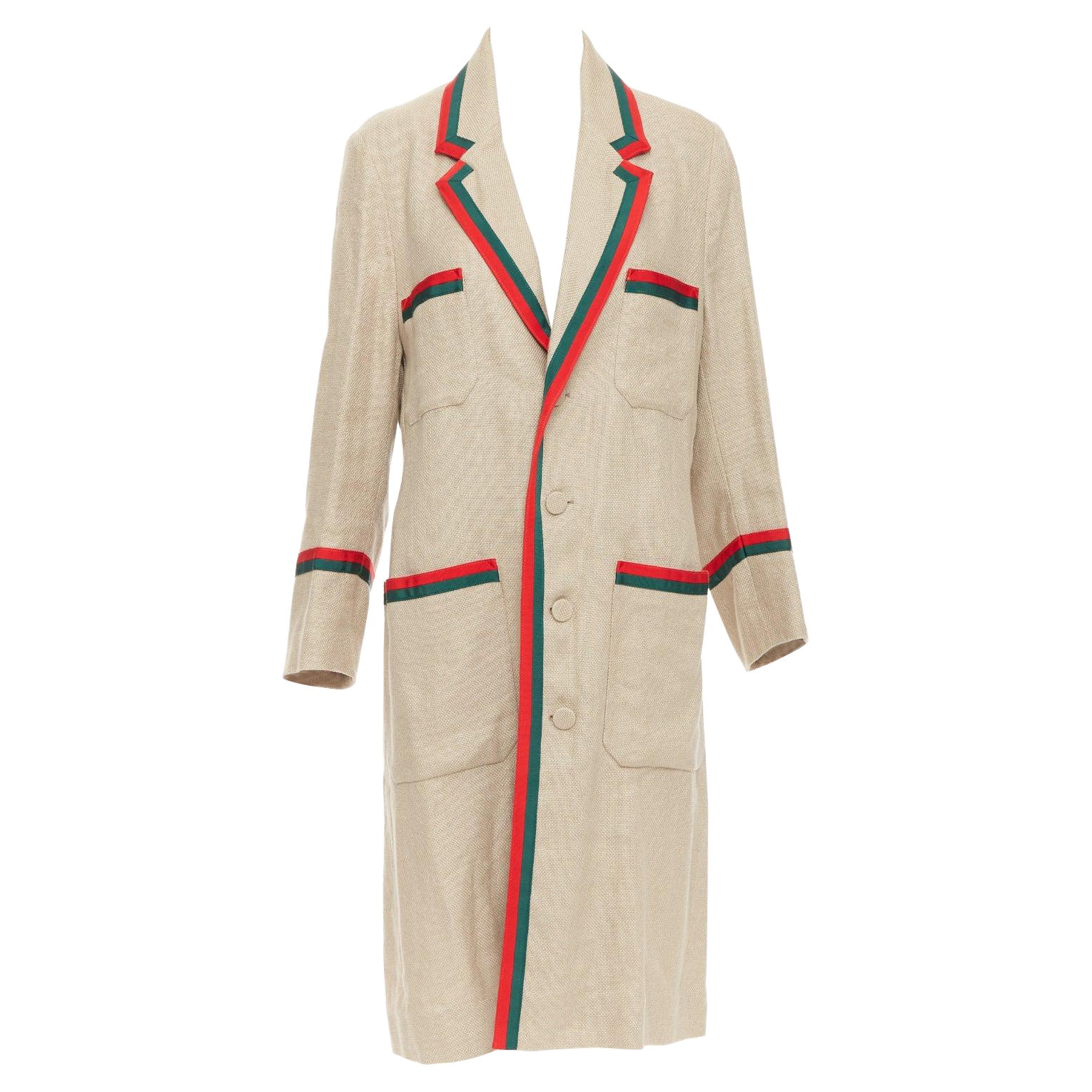 GUCCI Garden Alessandro Michele Langer Mantel mit Netzbesatz in Beige, Grün, Grün und Rot im Angebot