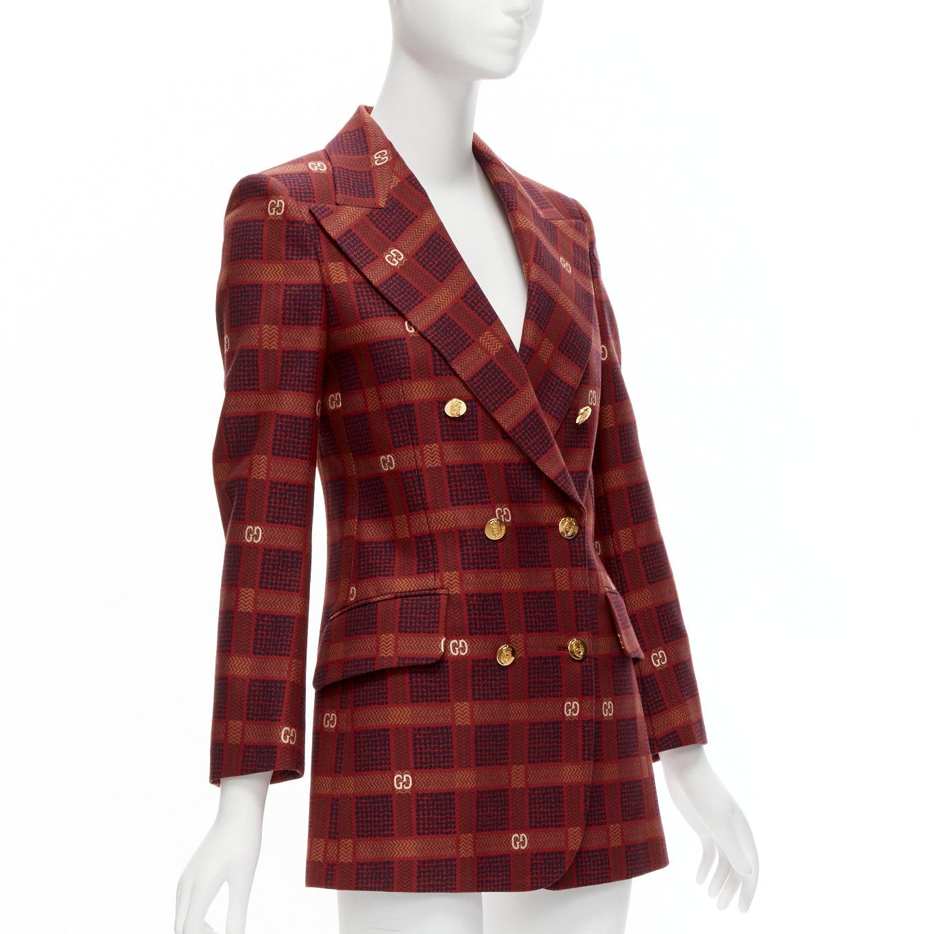 Brown GUCCI Garden Alessandro Michele red GG logo plaid double breasted blazer IT38 XS For Sale