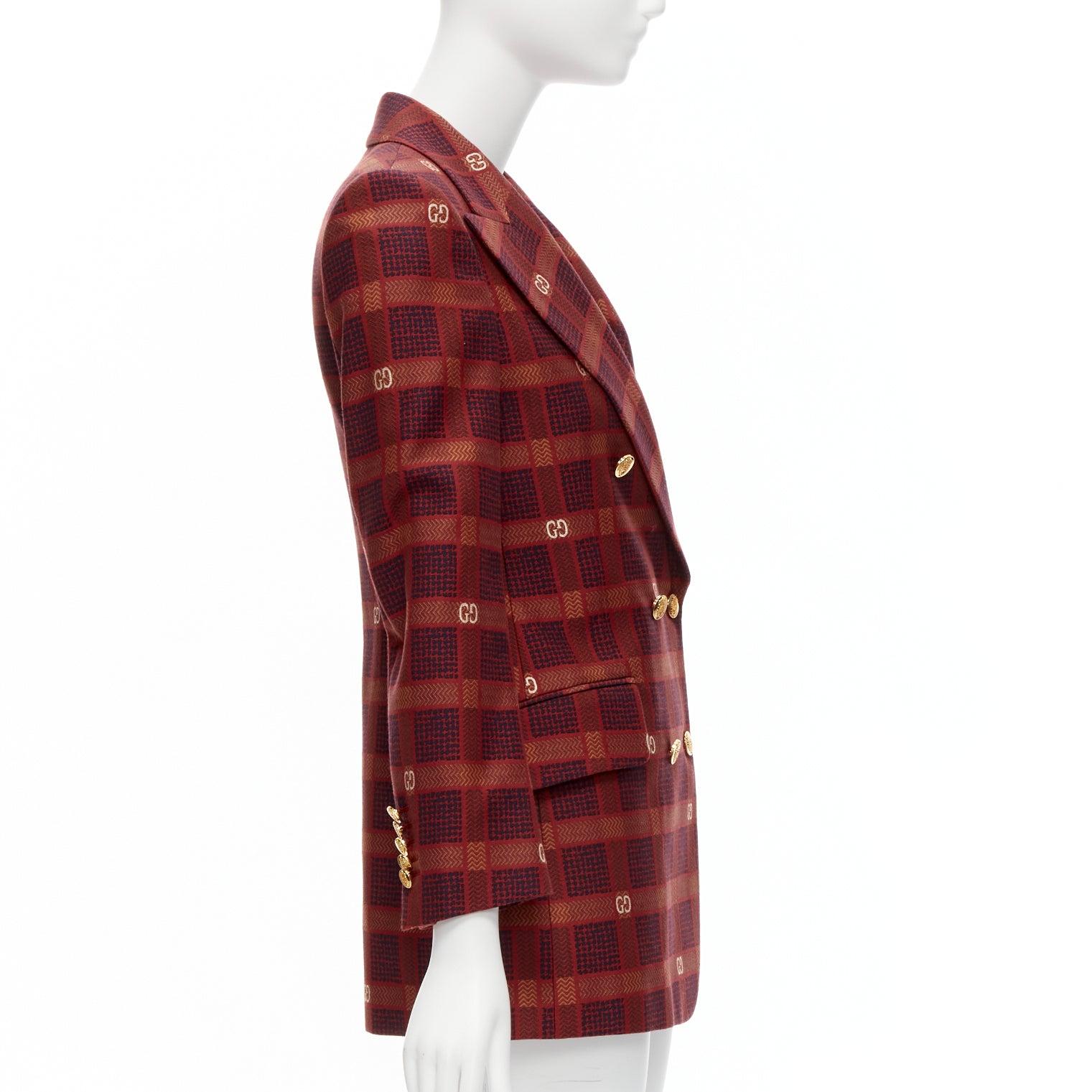 GUCCI Garden Alessandro Michele red GG logo plaid double breasted blazer IT38 XS In Excellent Condition For Sale In Hong Kong, NT