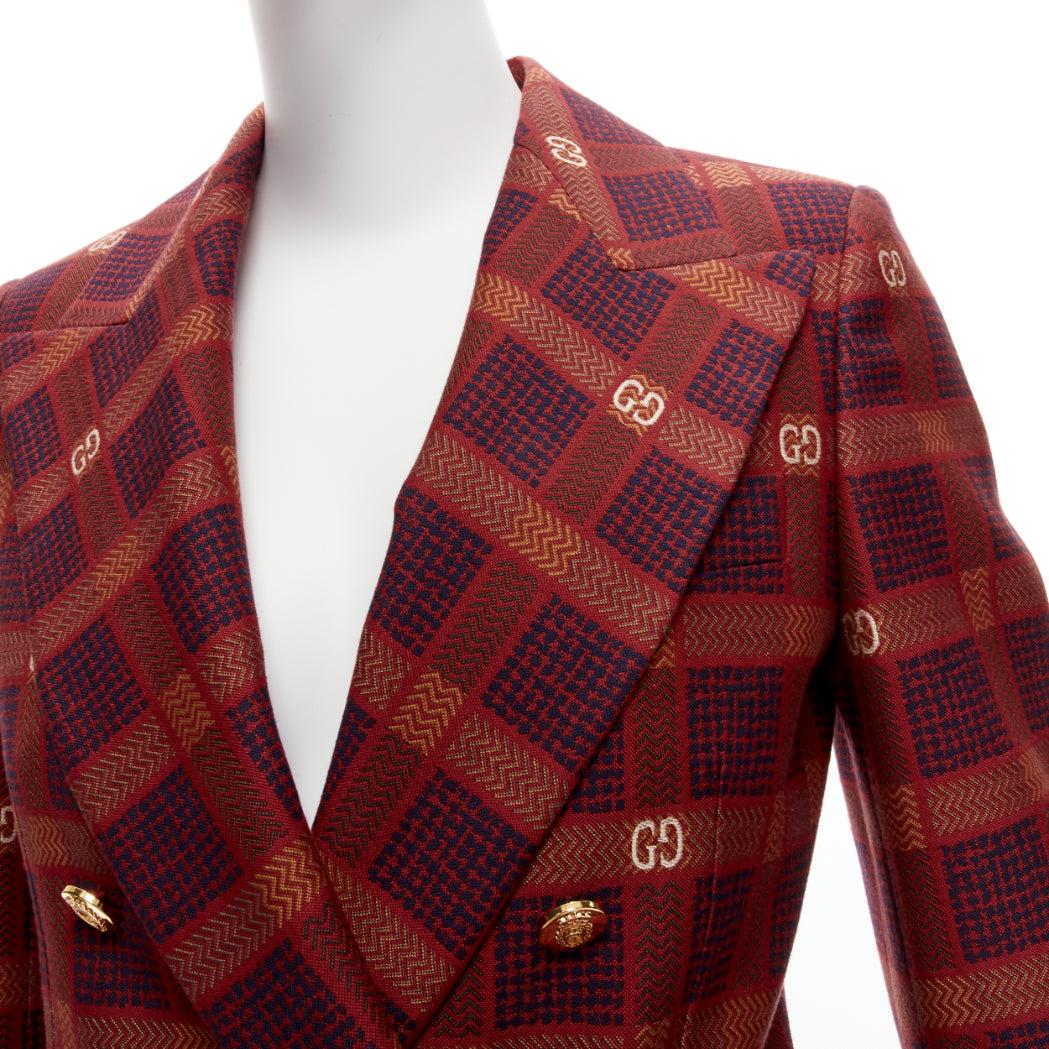 GUCCI Garden Alessandro Michele red GG logo plaid double breasted blazer IT38 XS For Sale 3
