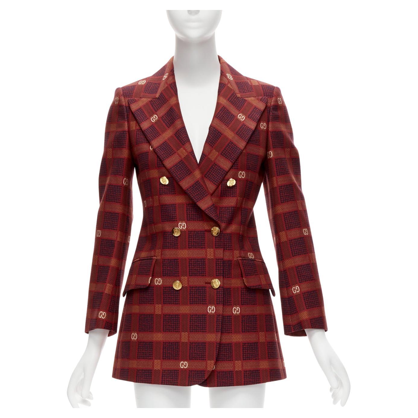 GUCCI Garden Alessandro Michele red GG logo plaid double breasted blazer IT38 XS For Sale