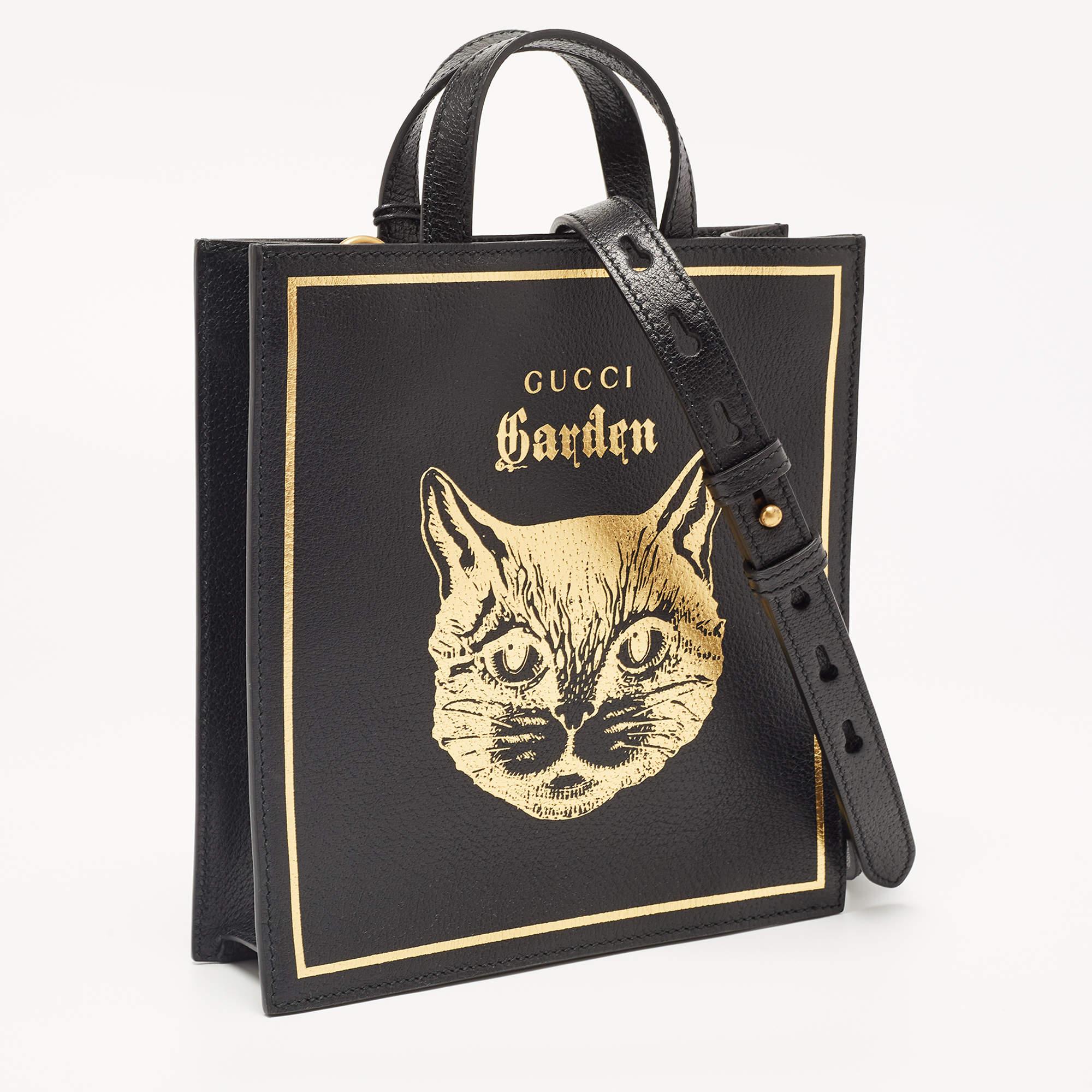 Women's Gucci Garden Black Leather Cat Print Tote