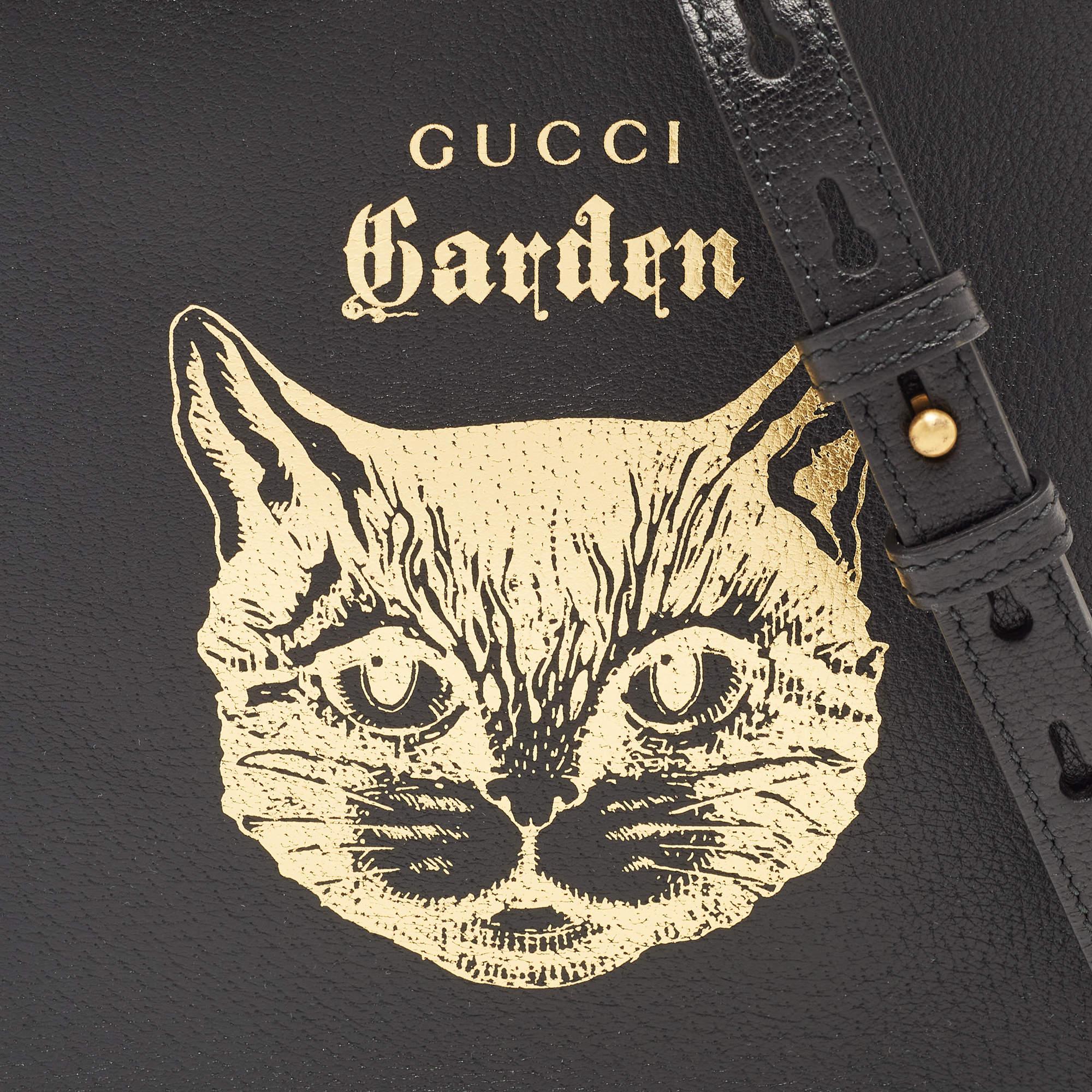 Gucci Garden Black Leather Cat Print Tote 3