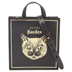 Gucci Garden Black Leather Cat Print Tote