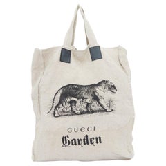 GUCCI Garden black tiger print beige linen canvas leather trim large tote bag