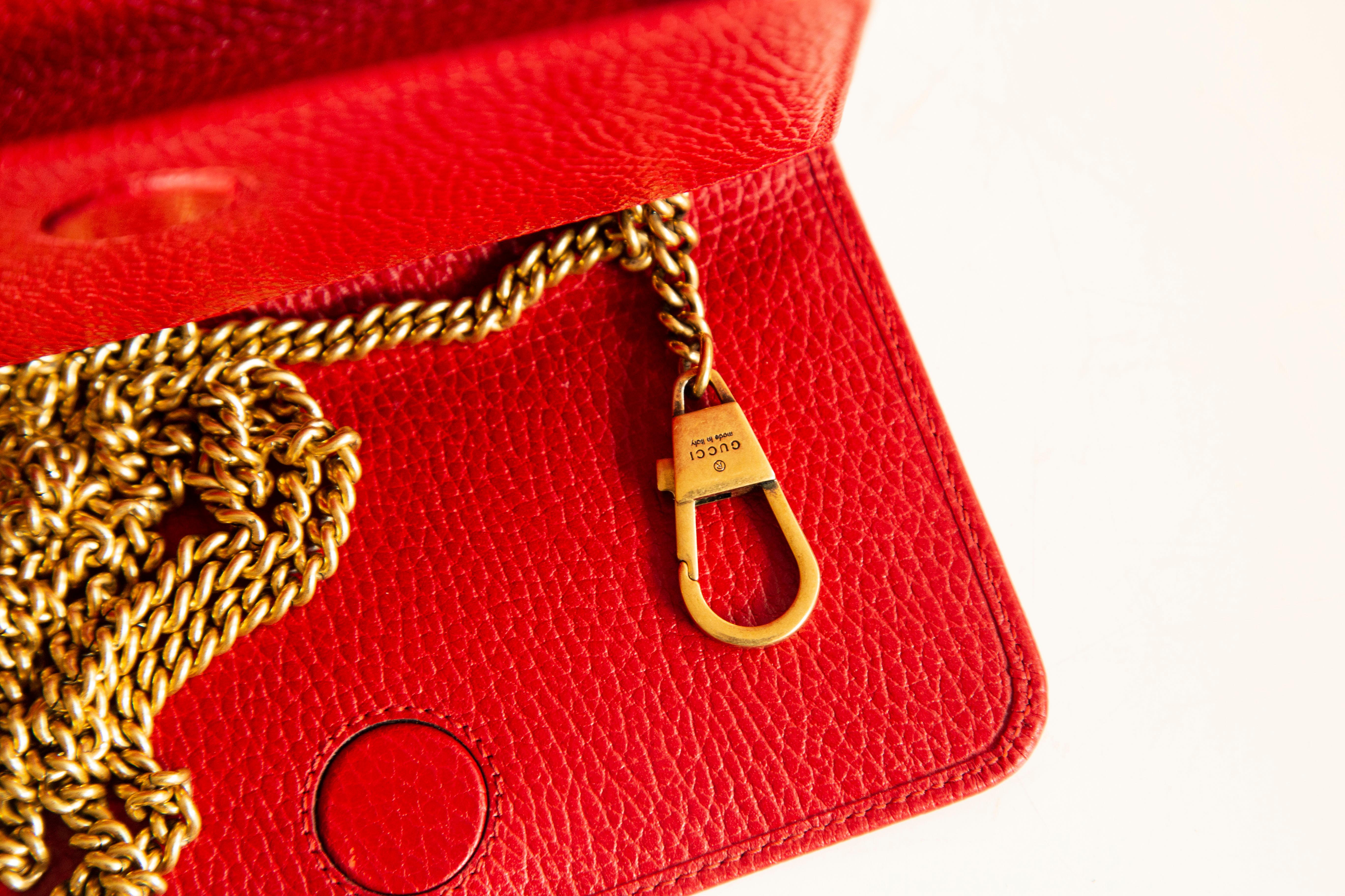 Gucci  Garden Cat Chain Pouch in Red Leather For Sale 1