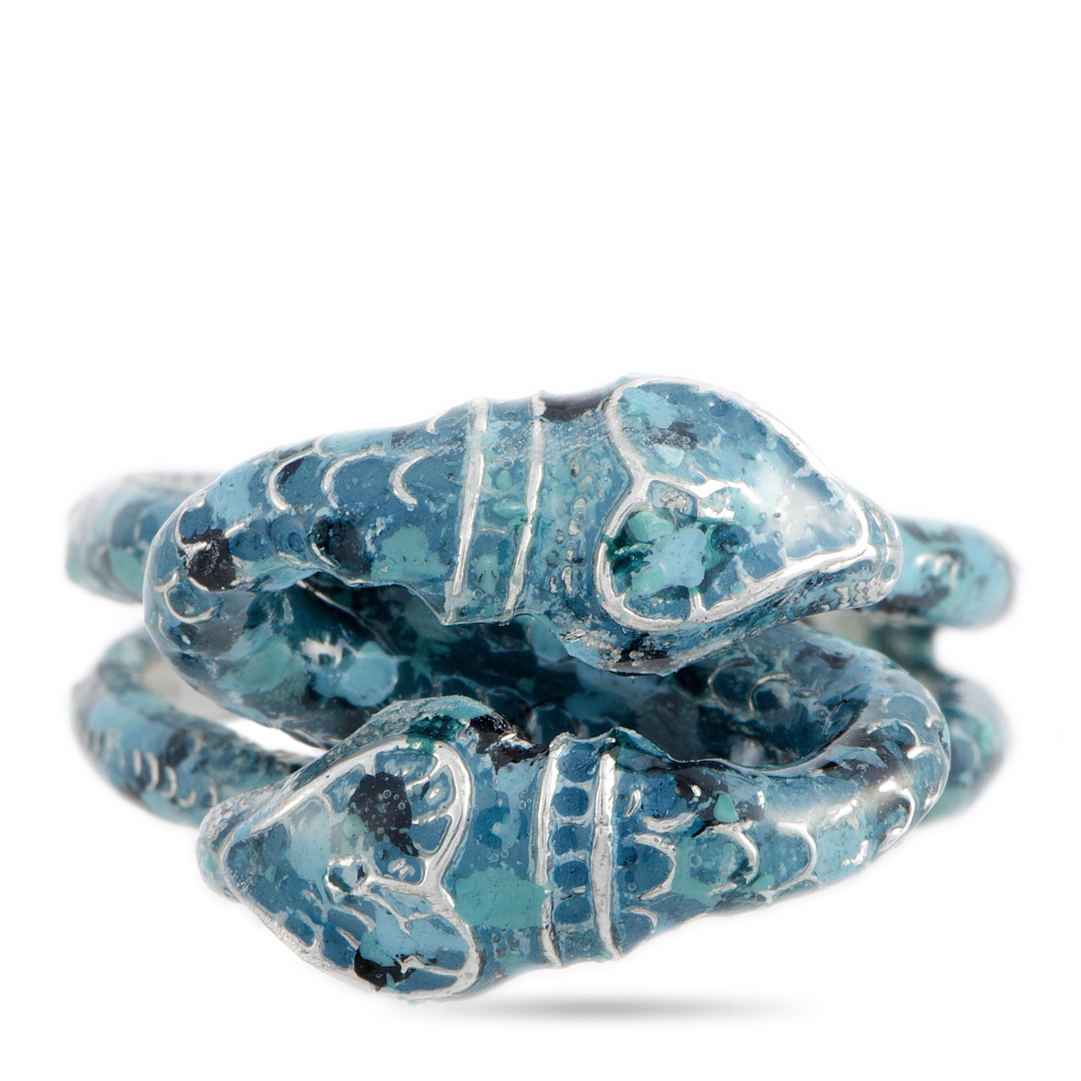 Gucci Garden Silver and Blue Enamel Snake Motif Ring In New Condition In Southampton, PA