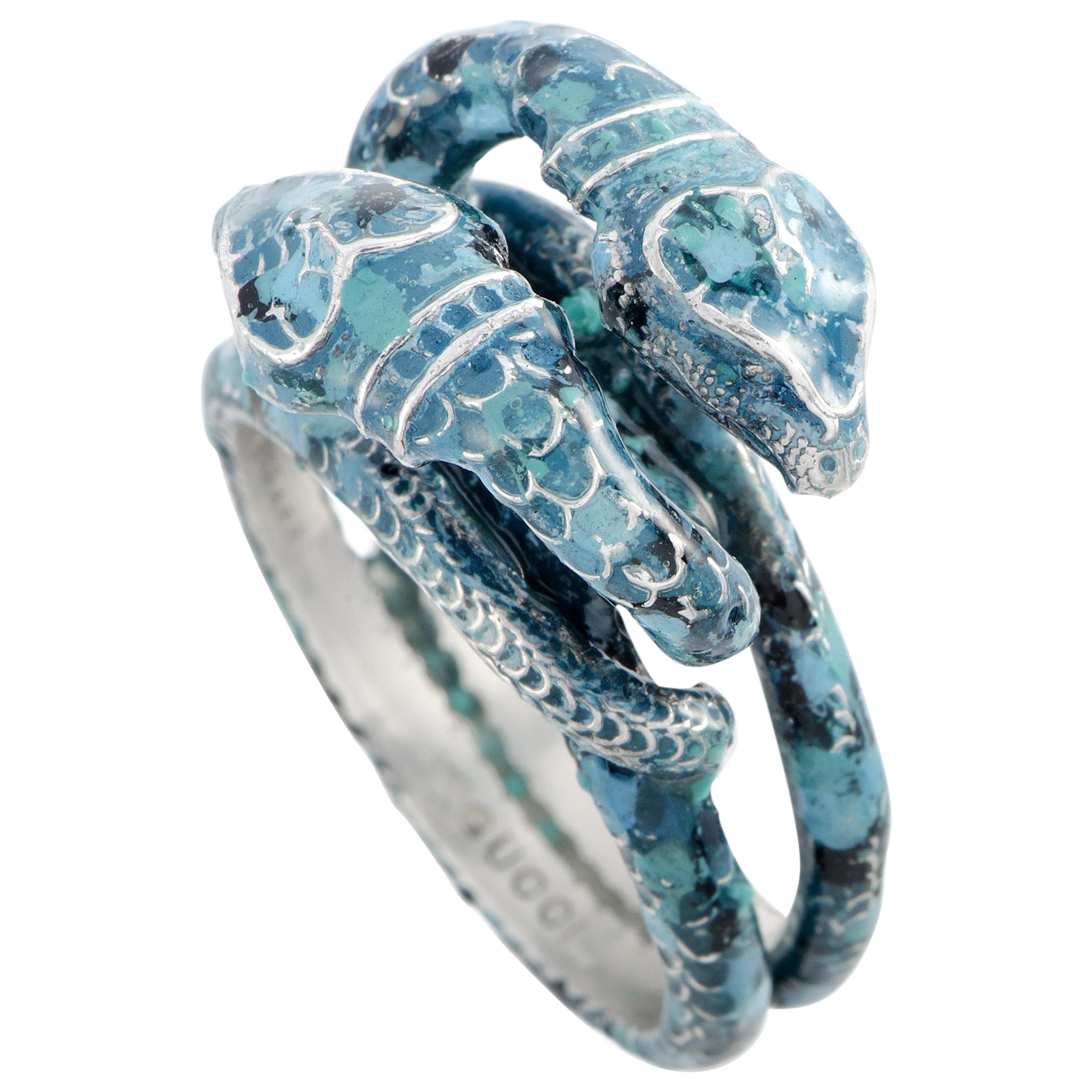 Gucci Garden Silver and Blue Enamel Snake Motif Ring