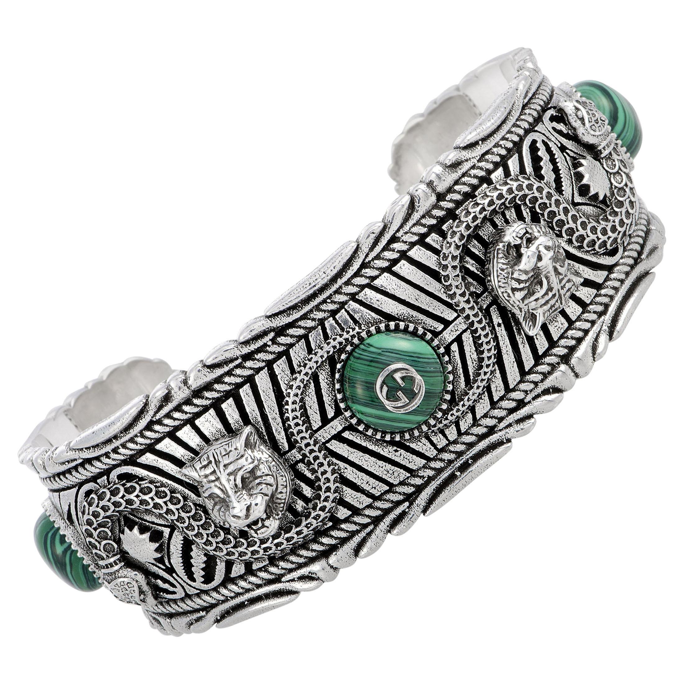 Gucci Garden Silver and Green Resin Feline Detail Cuff Bracelet