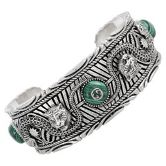 Gucci Garden Silver and Green Resin Feline Detail Cuff Bracelet