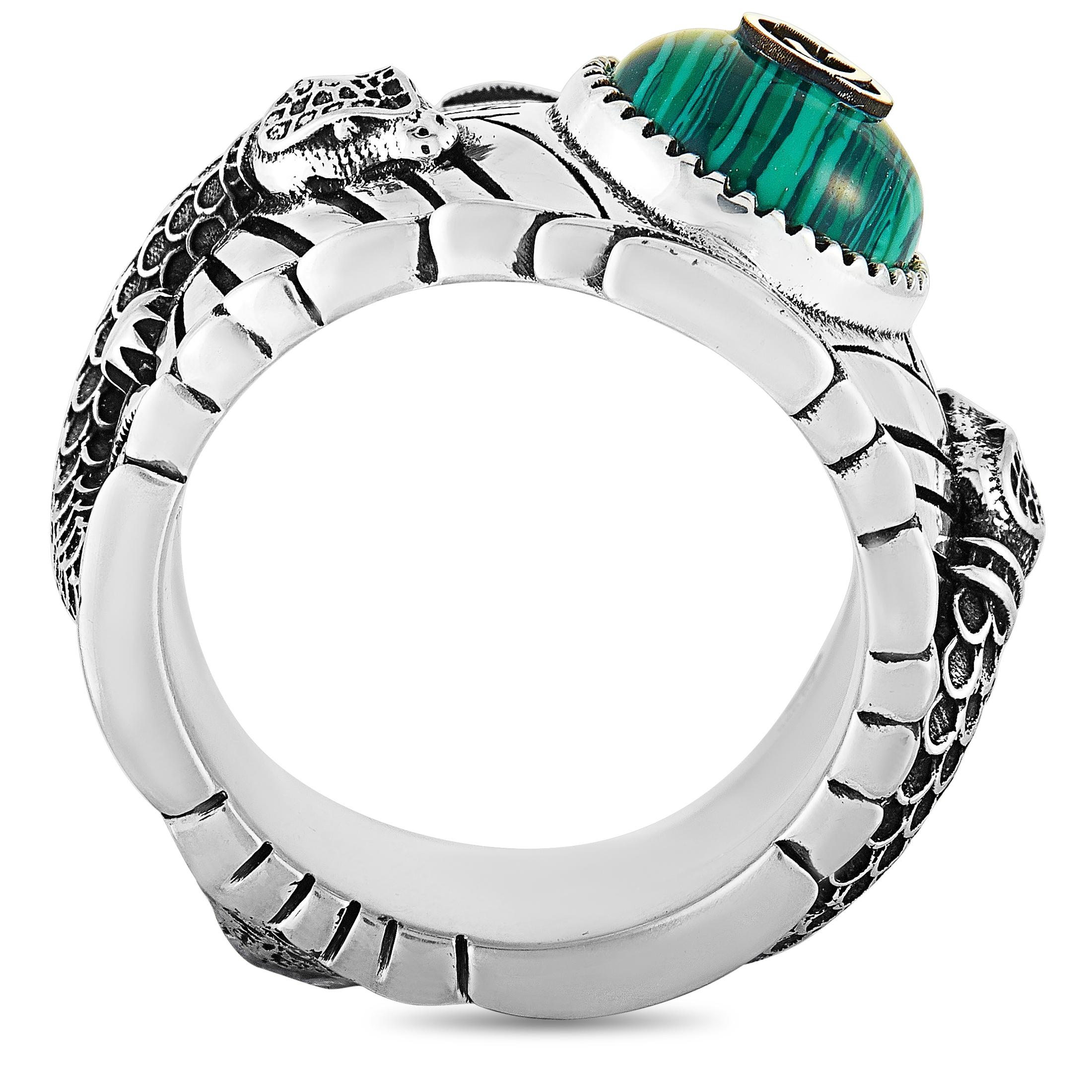 The Gucci “Garden” ring is made out of silver and green resin and weighs 21.9 grams. The ring boasts band thickness of 10 mm and top height of 7 mm, while top dimensions measure 10 by 10 mm.
 
 This item is offered in brand new condition and
