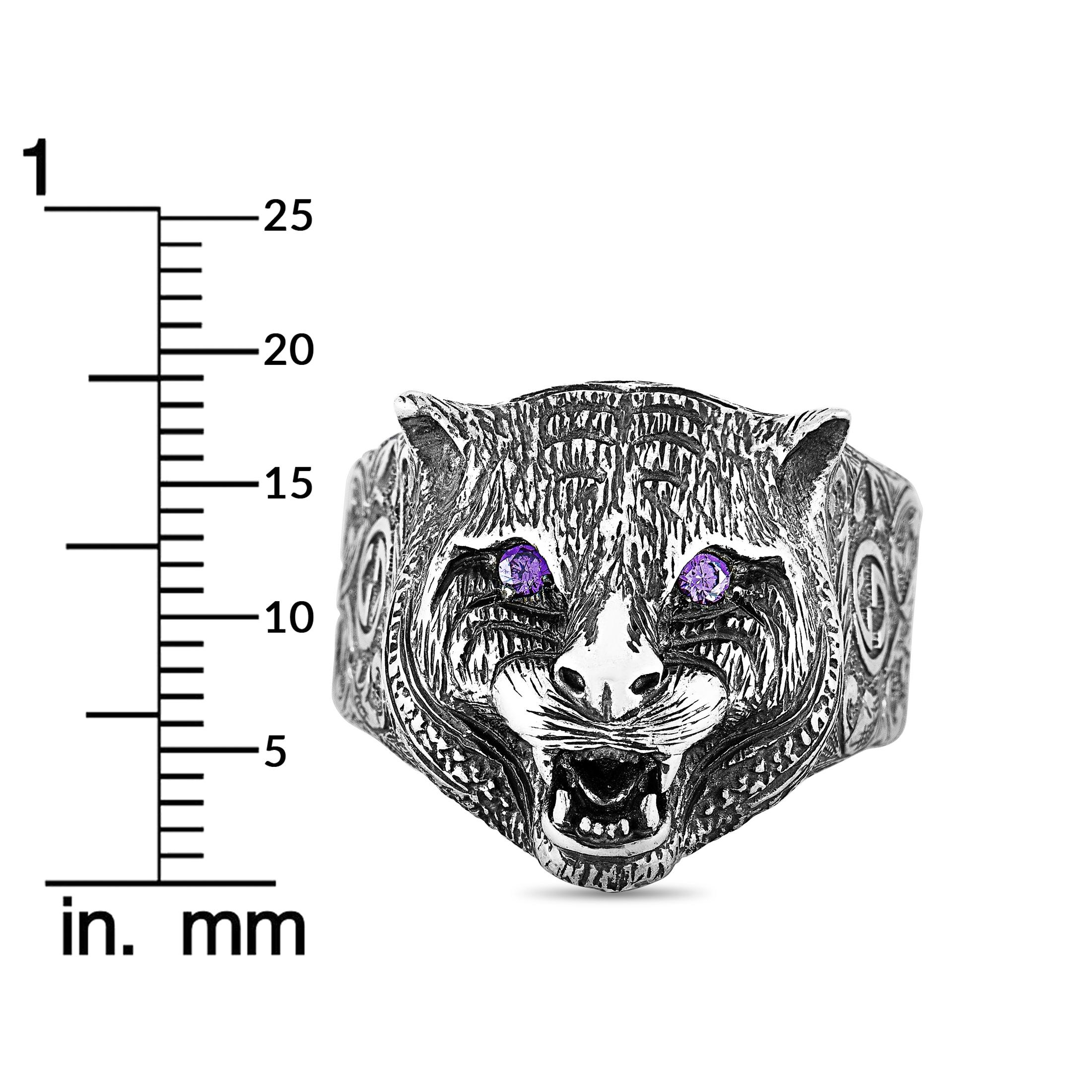 Round Cut Gucci Garden Silver and Purple Zircon Feline Motif Ring